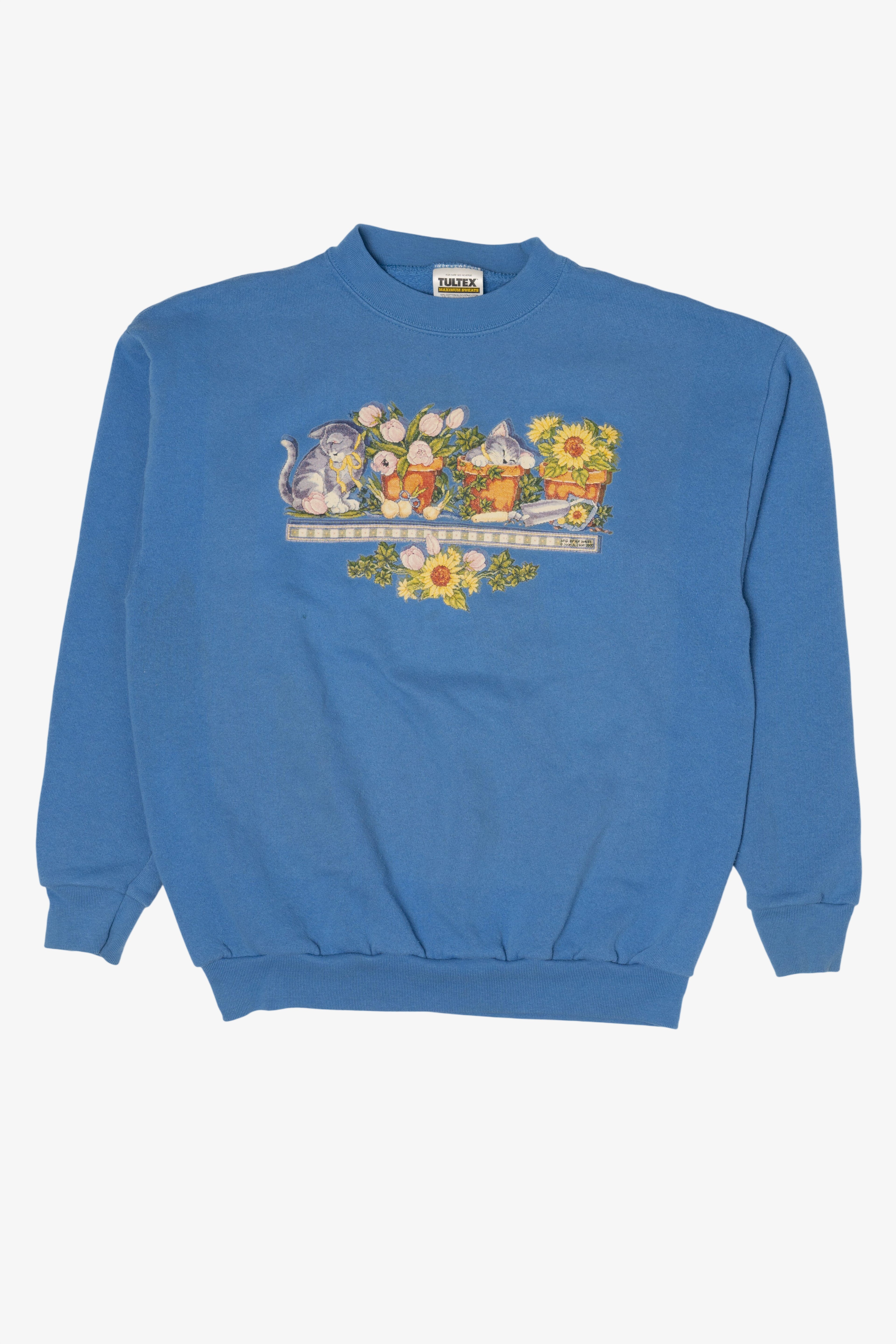 Vintage Blue Kittens And Flowerpots Tultex Sweatshirt (2000s)