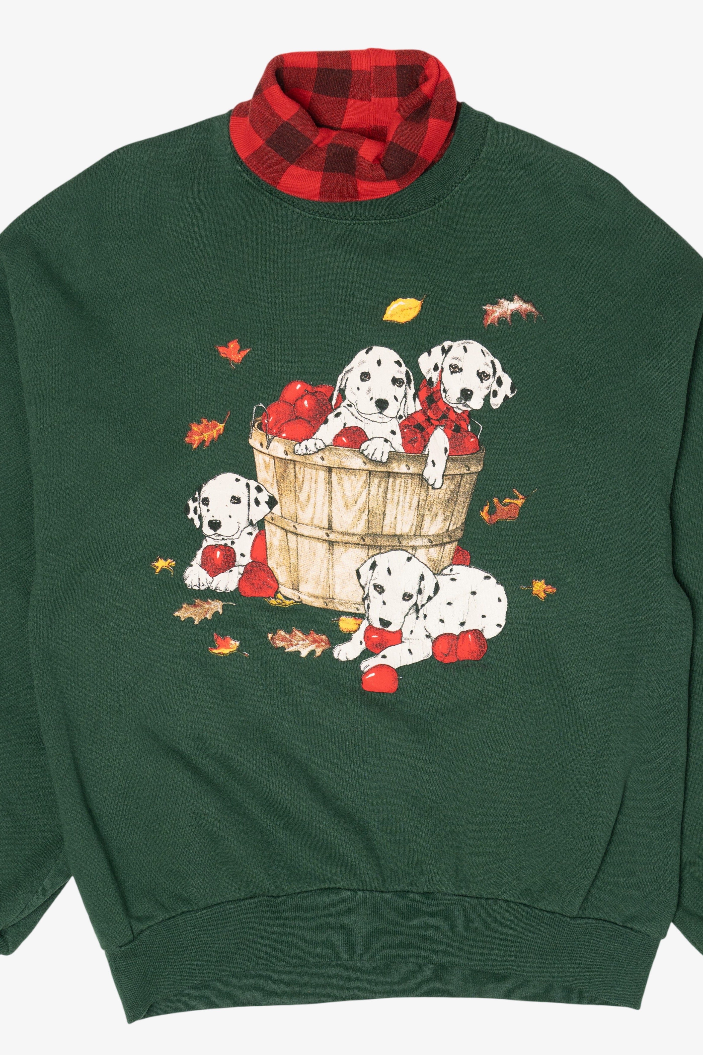 Vintage Dark Green Dalmatians Autumn Apples Plaid Turtleneck Sweatshirt (1990s)