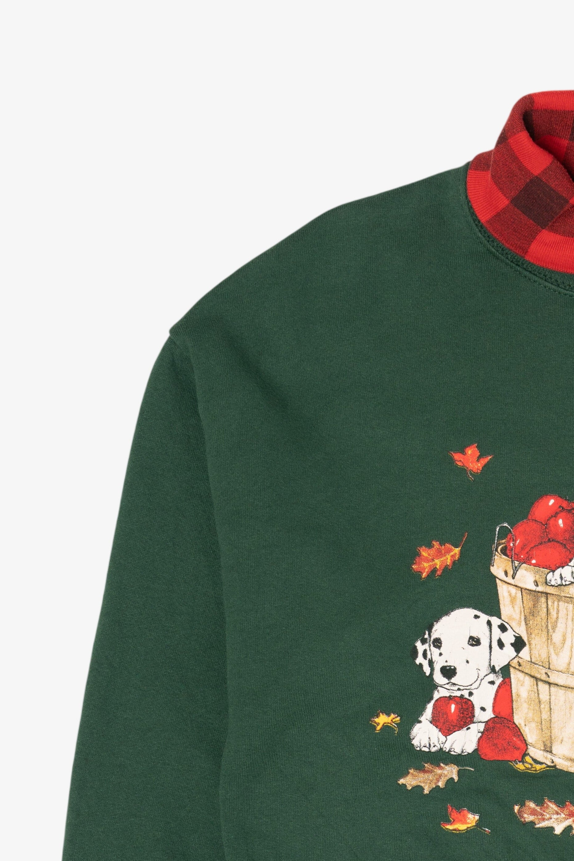 Vintage Dark Green Dalmatians Autumn Apples Plaid Turtleneck Sweatshirt (1990s)