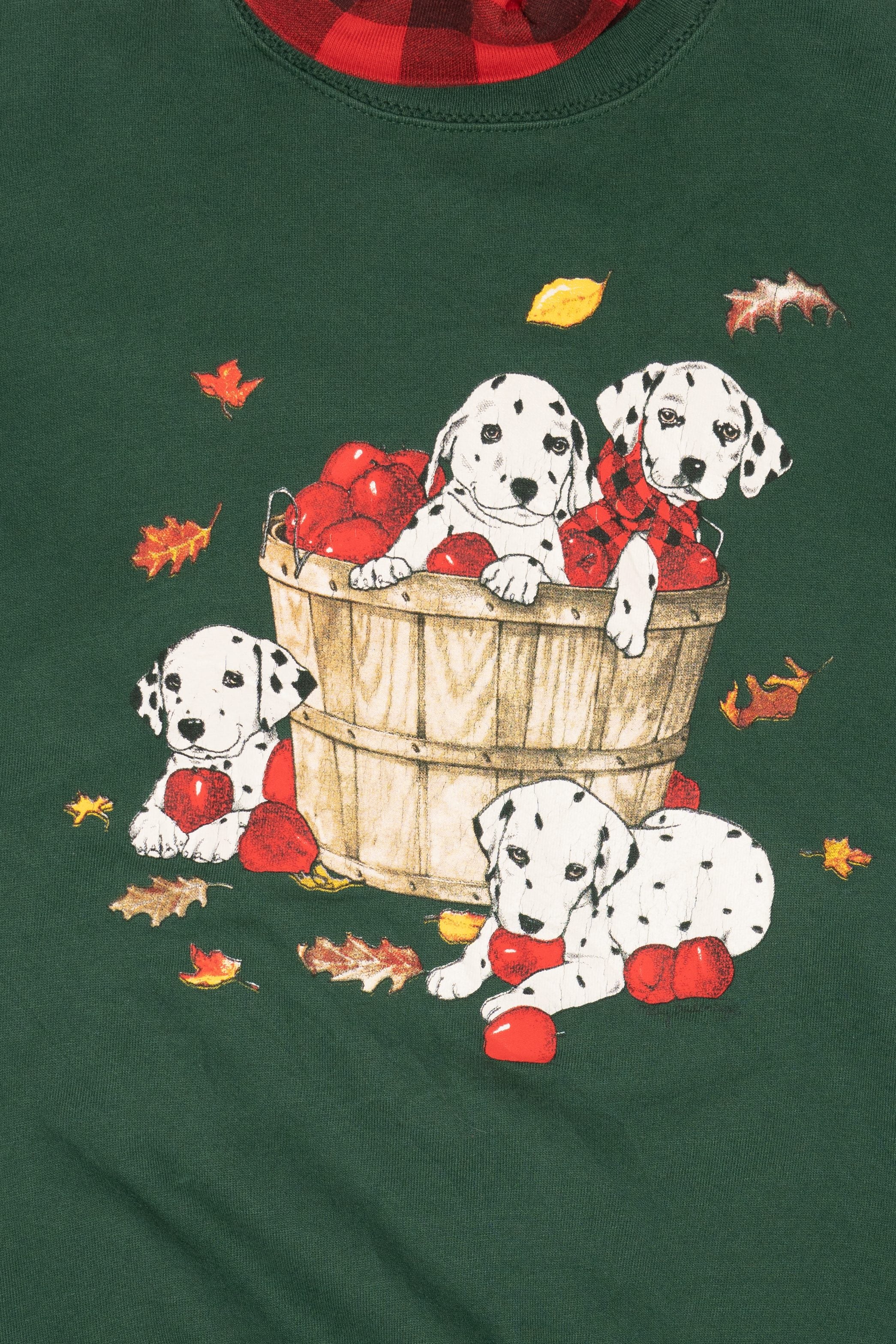 Vintage Dark Green Dalmatians Autumn Apples Plaid Turtleneck Sweatshirt (1990s)