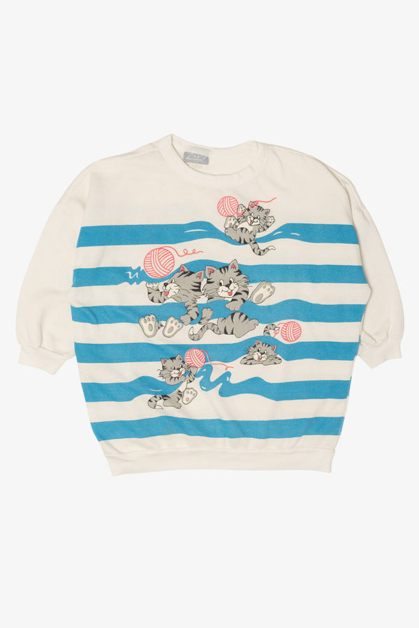 Vintage Striped Cats Playing With Yarn Front/Back Sweatshirt (1980s)
