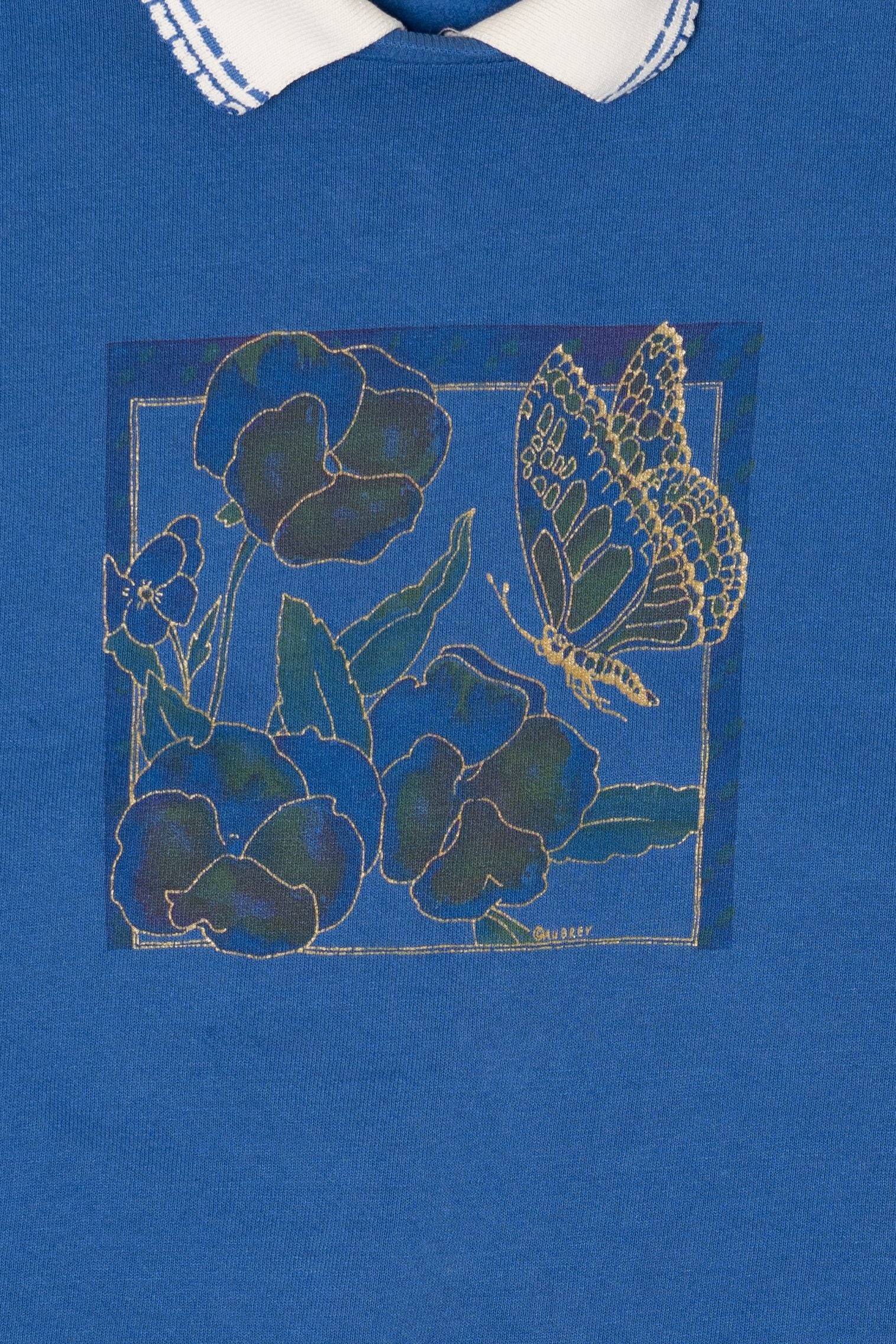 Vintage Blue Butterfly On Flowers Collared Sweatshirt (1990s)