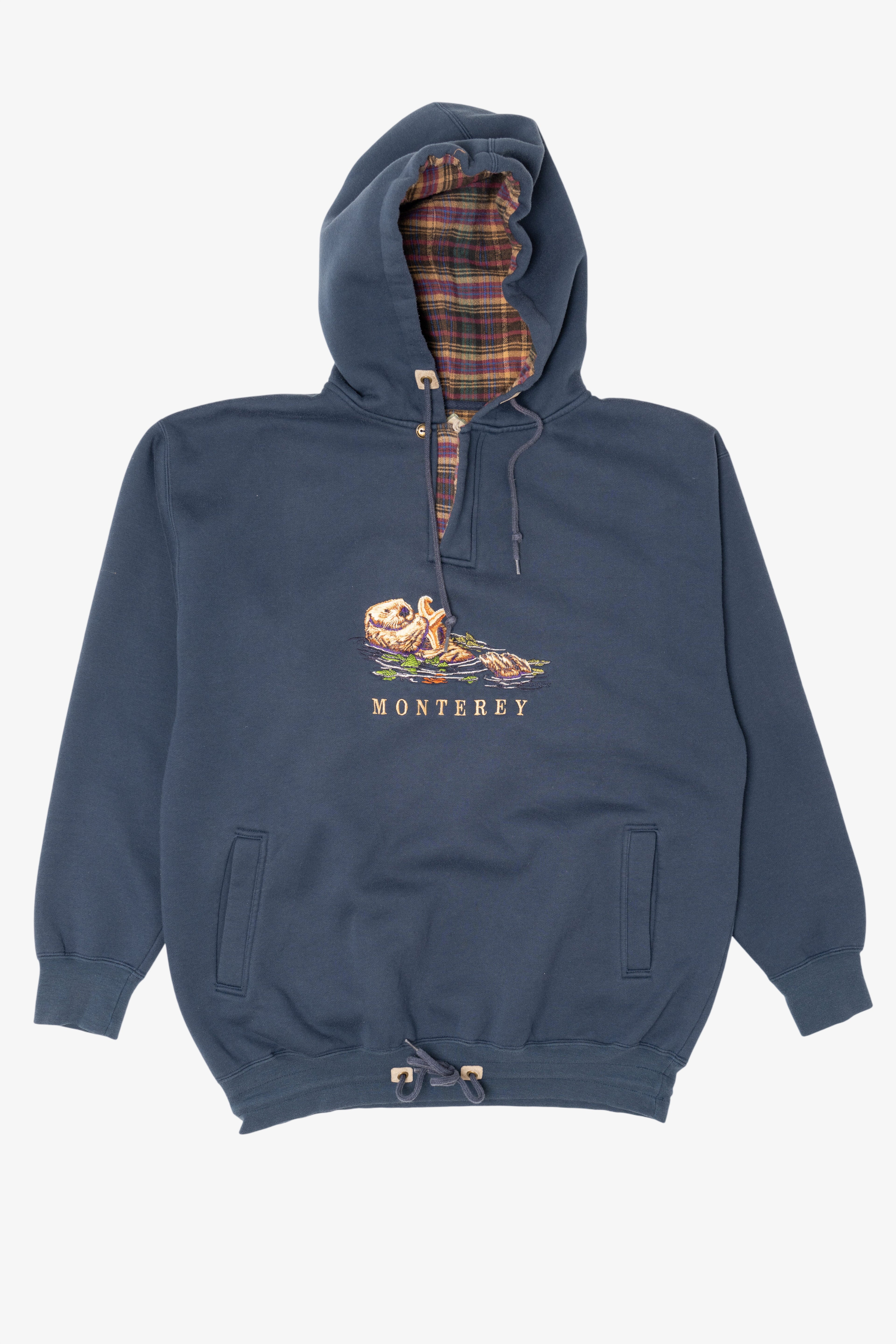 Vintage Embroidered Otter "Monterey" Plaid Lined Hooded Sweatshirt (1990s)