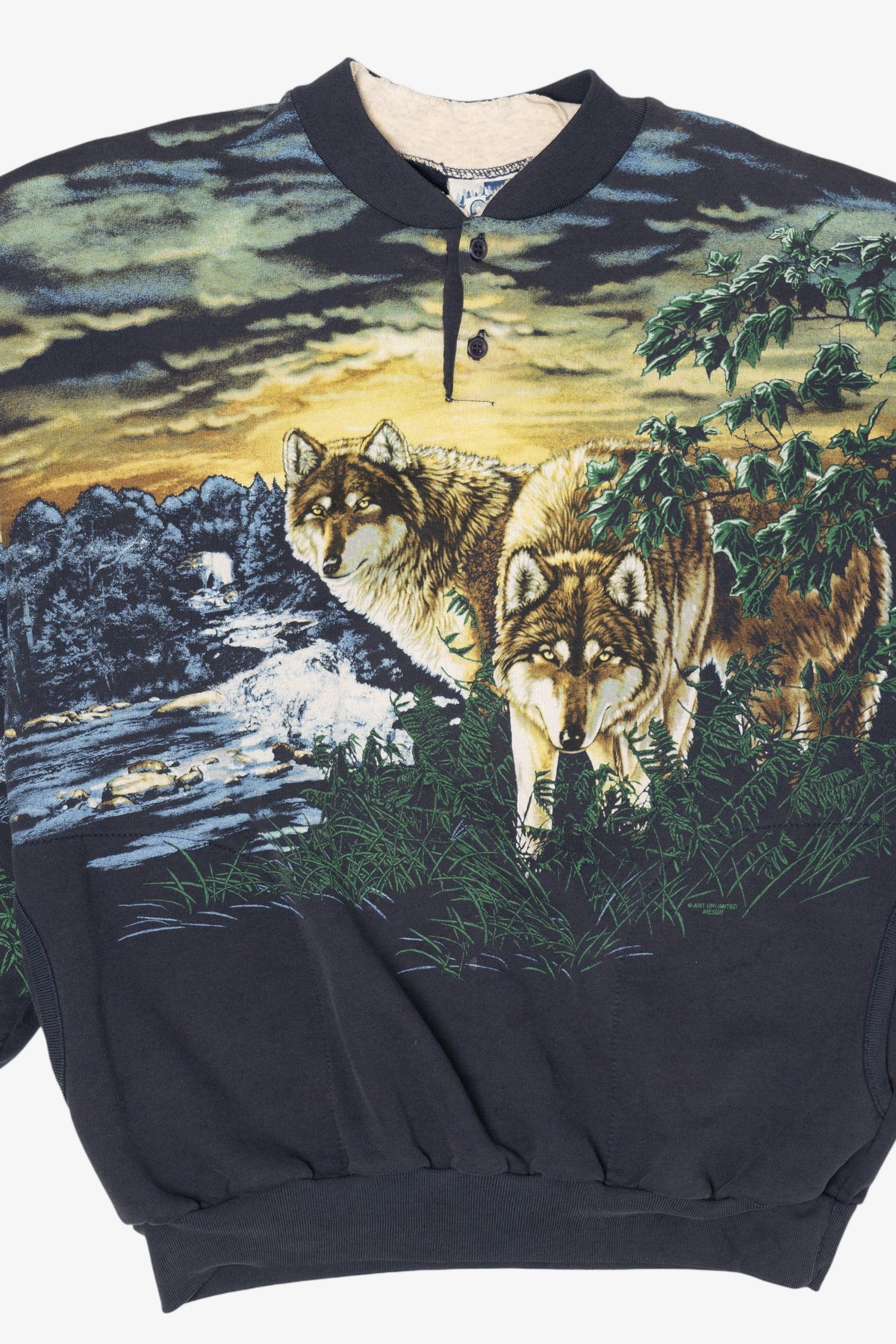 Vintage Navy Blue Wolves All Over Print Sweatshirt (1990s)