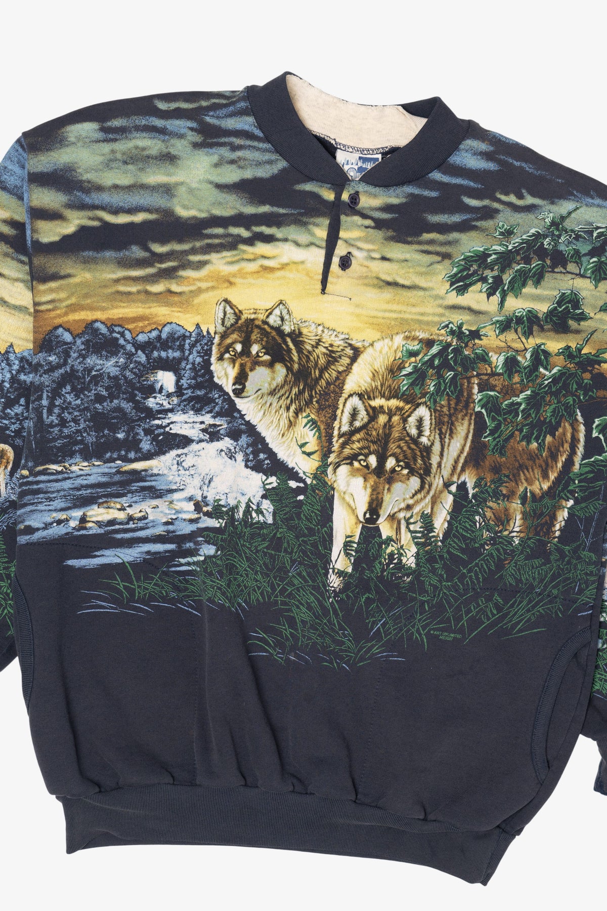Vintage Navy Blue Wolves All Over Print Sweatshirt (1990s)