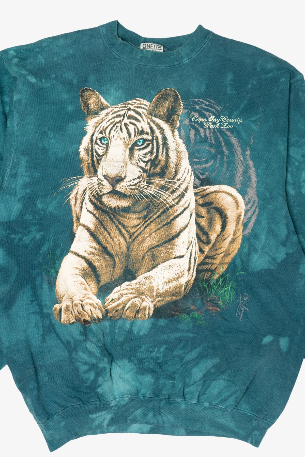Vintage Teal Tie Dye White Tiger Cape May County Park Zoo Sweatshirt (1990s)