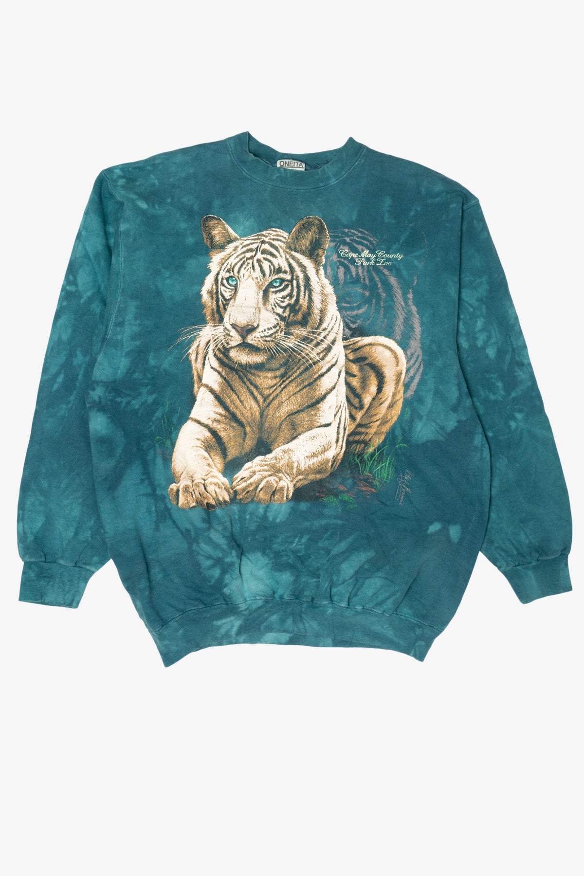 Vintage Teal Tie Dye White Tiger Cape May County Park Zoo Sweatshirt (1990s)