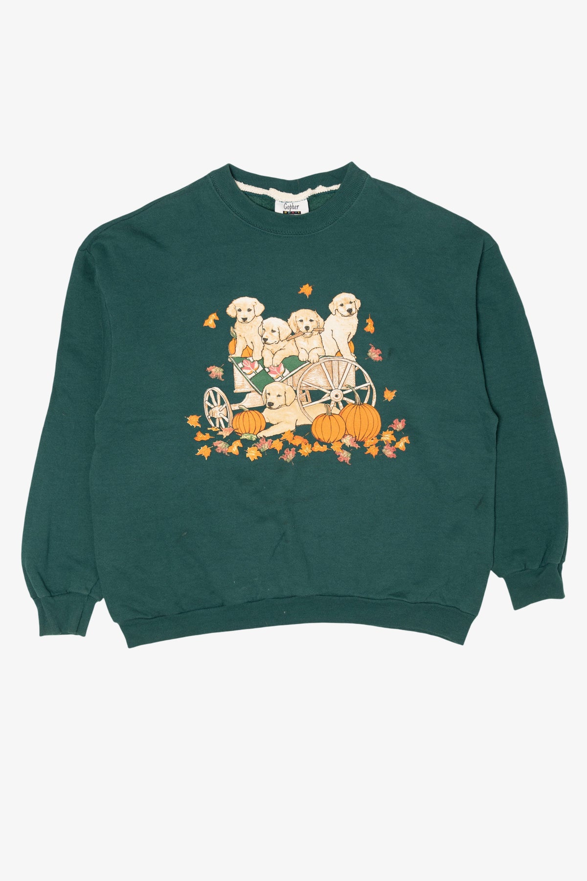 Vintage Green Puppies In Pumpkin Wagon Autumn Harvest Sweatshirt (1990s)