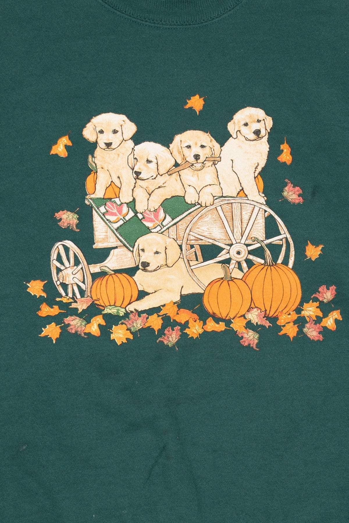 Vintage Green Puppies In Pumpkin Wagon Autumn Harvest Sweatshirt (1990s)