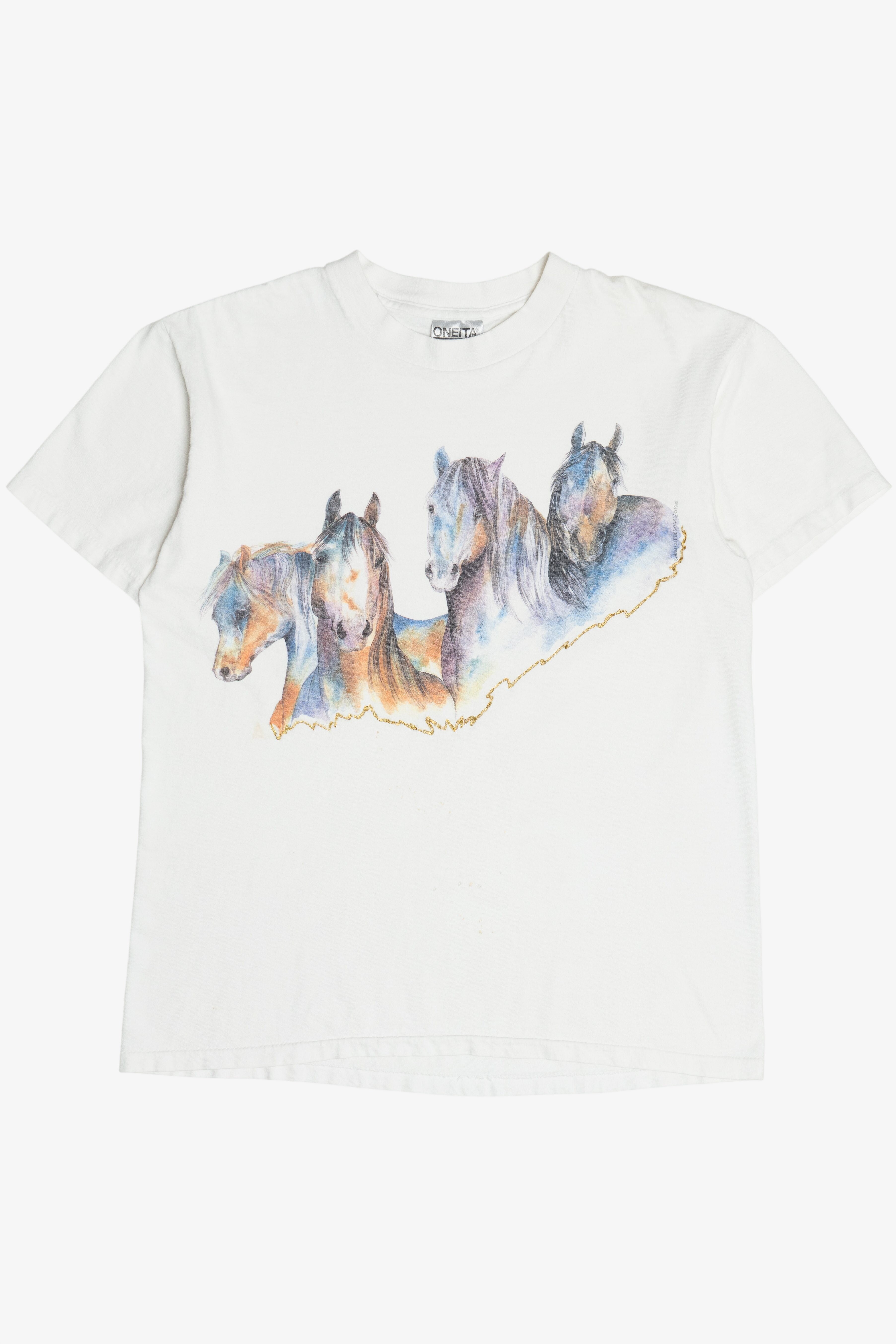 Vintage Horses & Glitter Paint Detail Single Stitch T-Shirt (1990s)