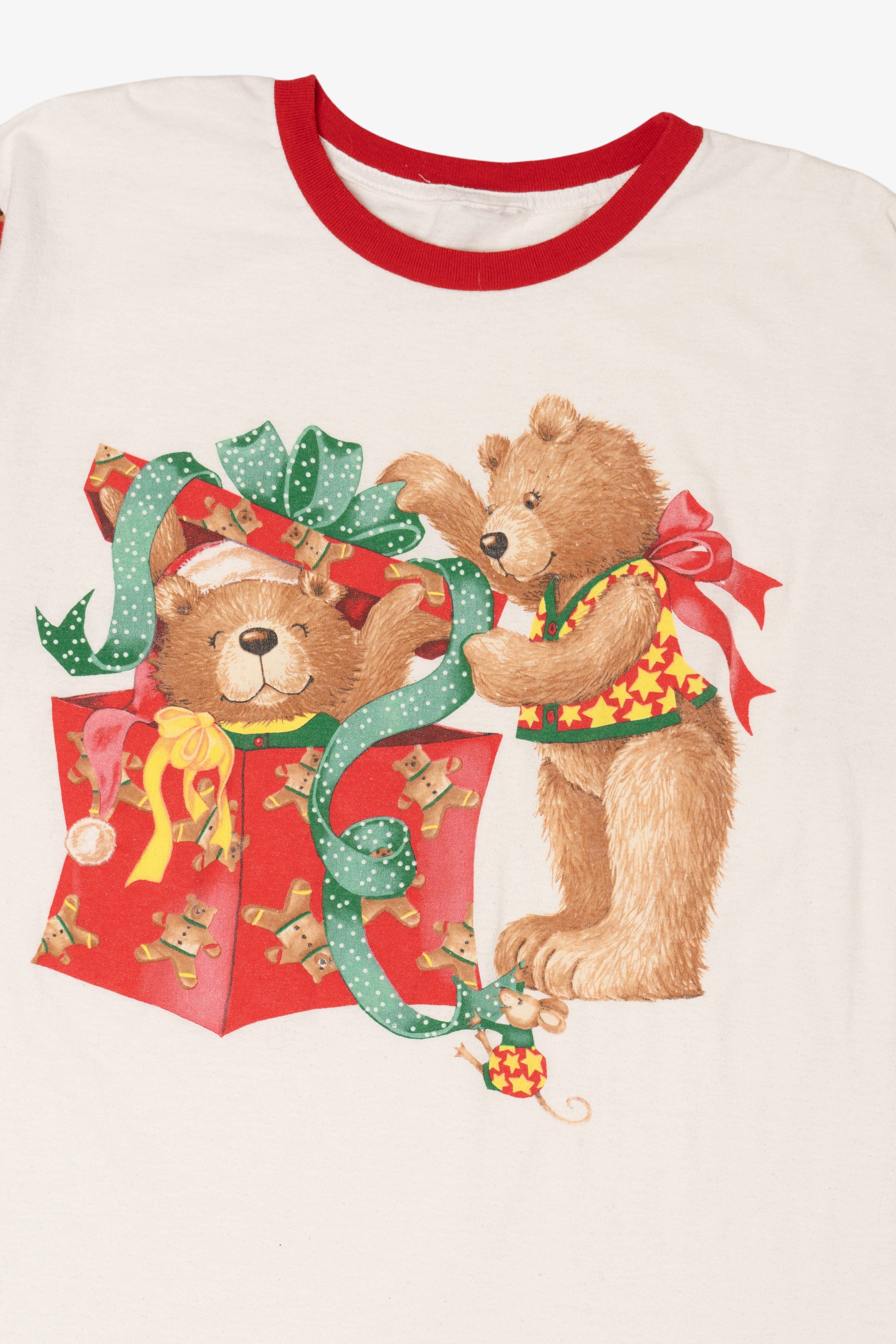 Vintage Christmas Teddy Bears Present Ringer T-Shirt (1990s)