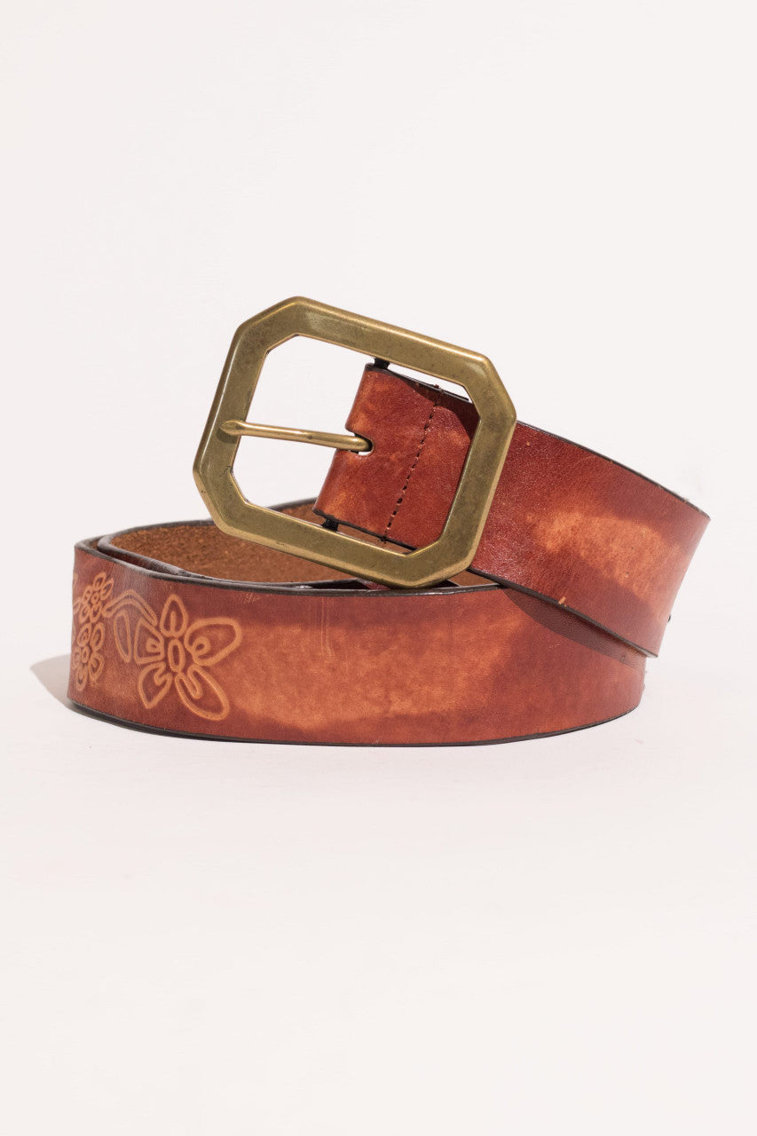 Brass Buckle Etched Leather Belt
