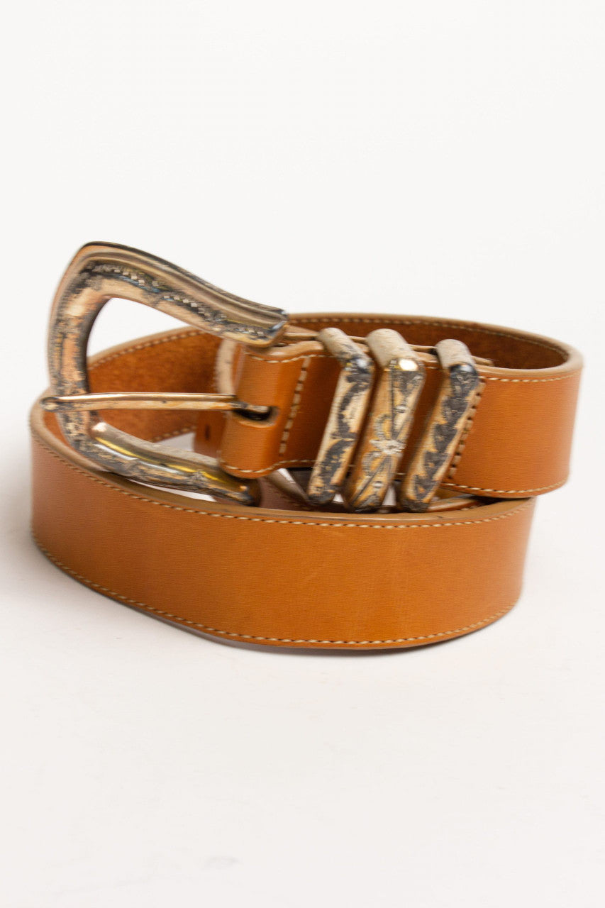 Vintage Tan Engraved Buckle Belt