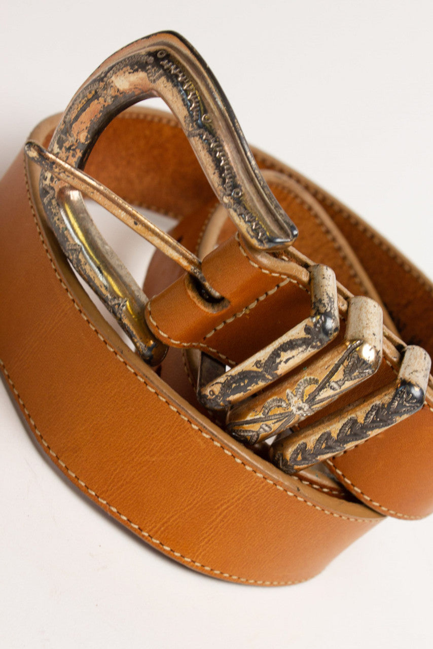 Vintage Tan Engraved Buckle Belt