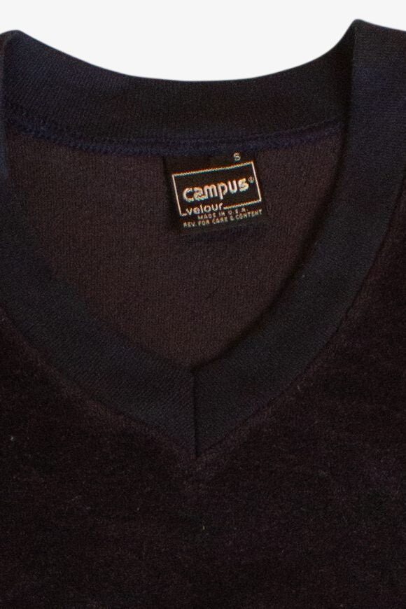 Vintage V-Neck Navy Velvet Sweatshirt (1980s)