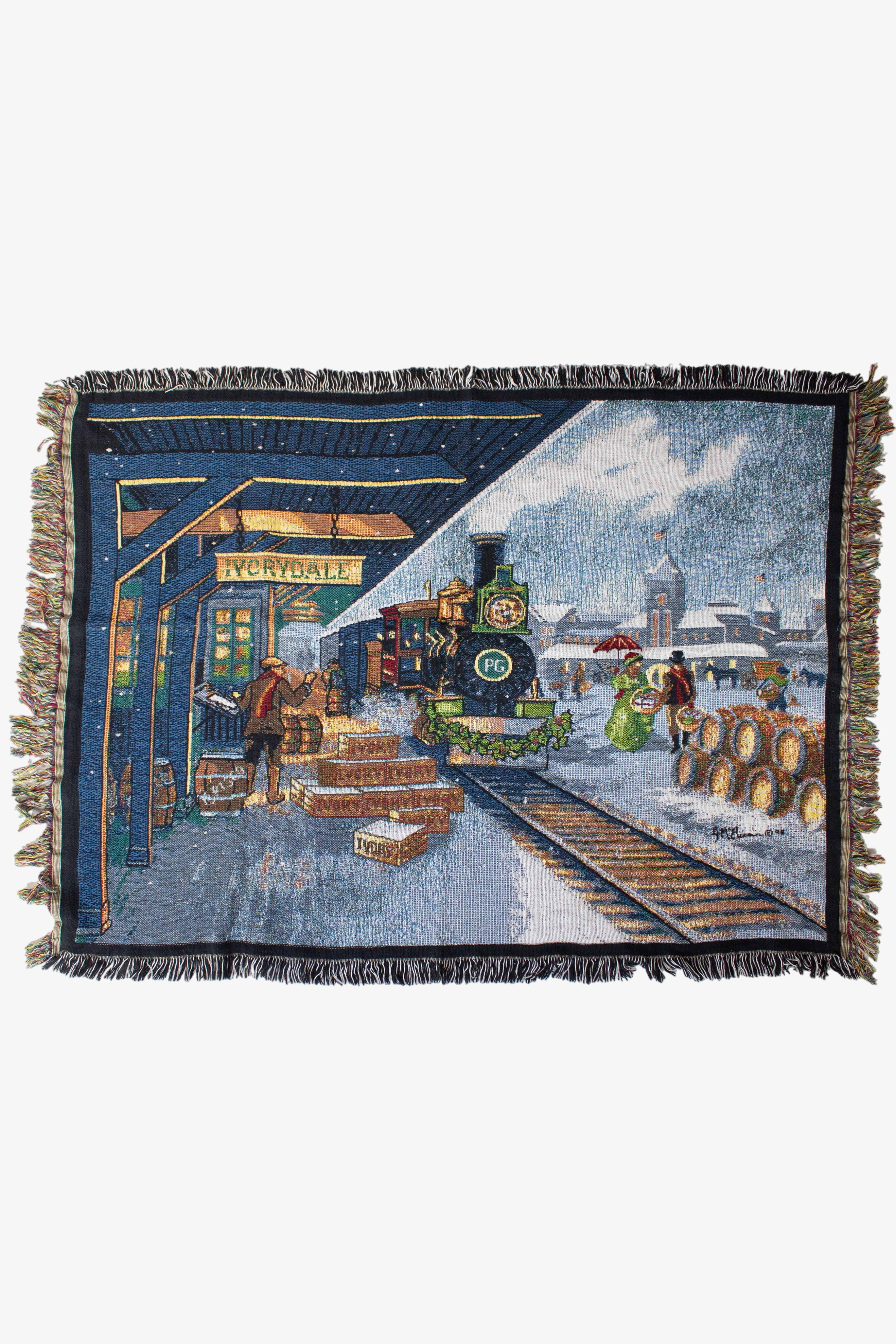 Vintage Ivorydale Train Station Tapestry Blanket (1990s)