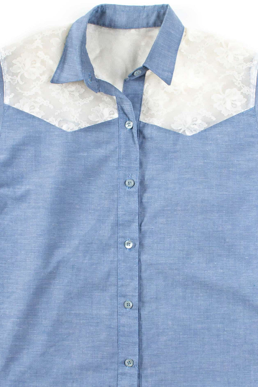 Lace Shoulder Chambray Button Up Blouse