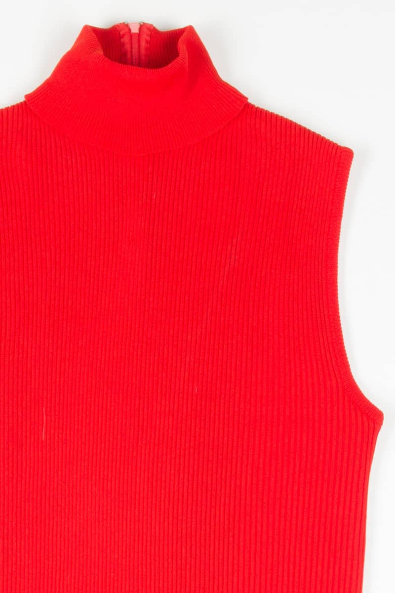 Red Ribbed Sleeveless Turtleneck Tunic