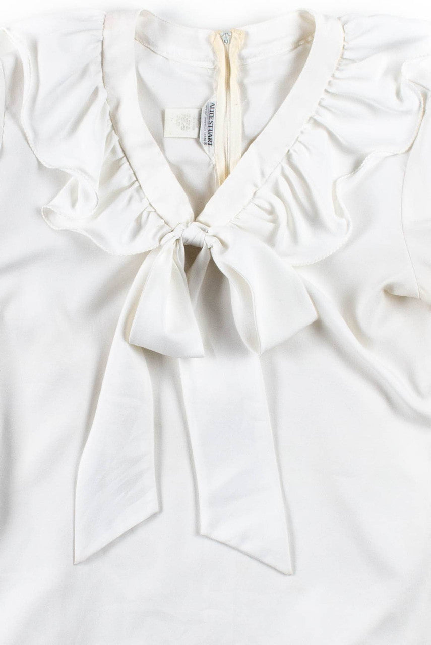 White Ruffle Bow V-Neck Blouse