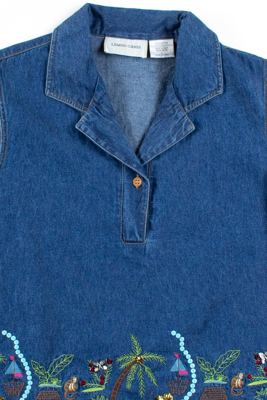Denim Tropical Sequin Sleeveless Top