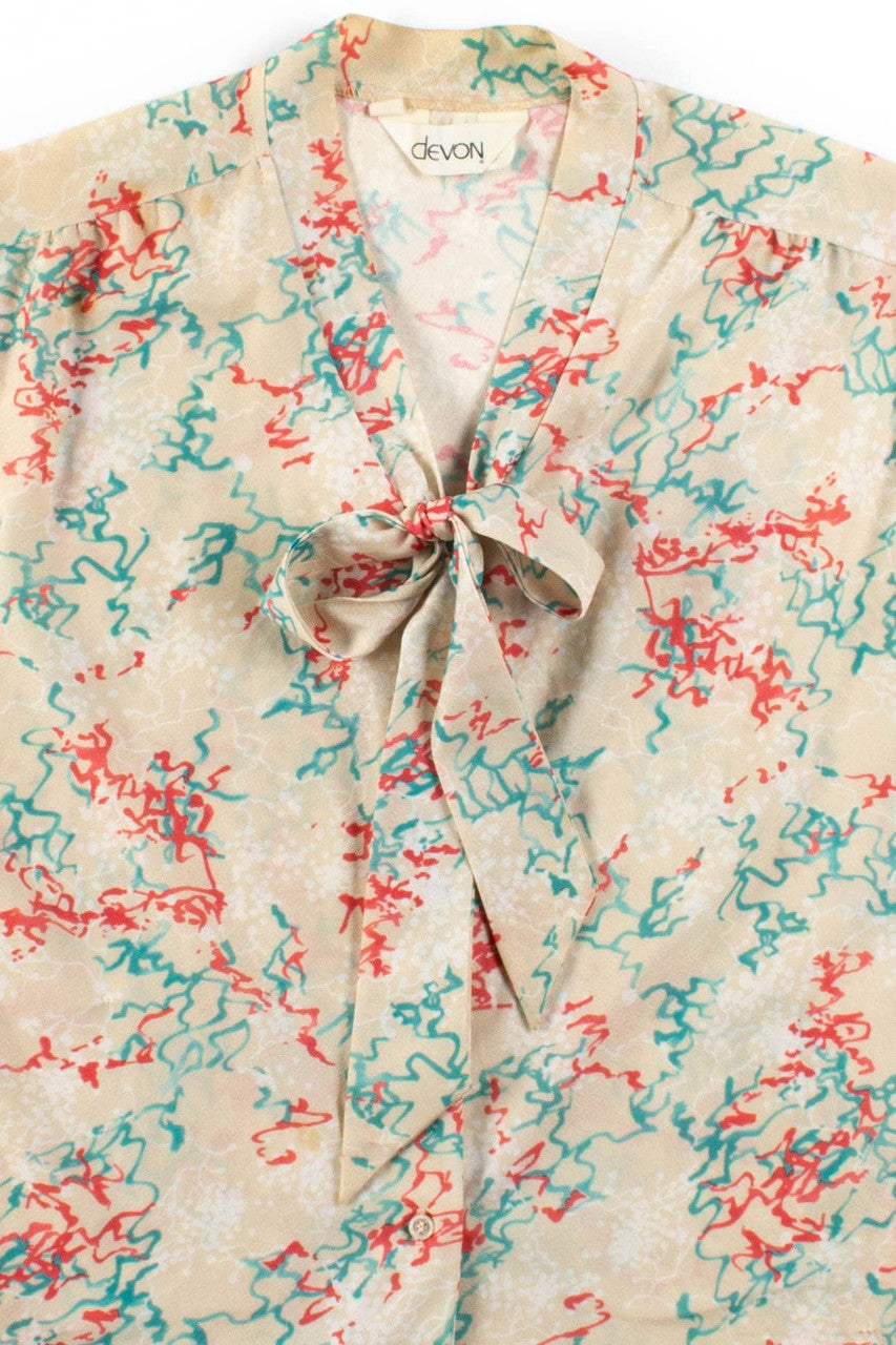 Cream Abstract Short Sleeve Tie Neck Blouse