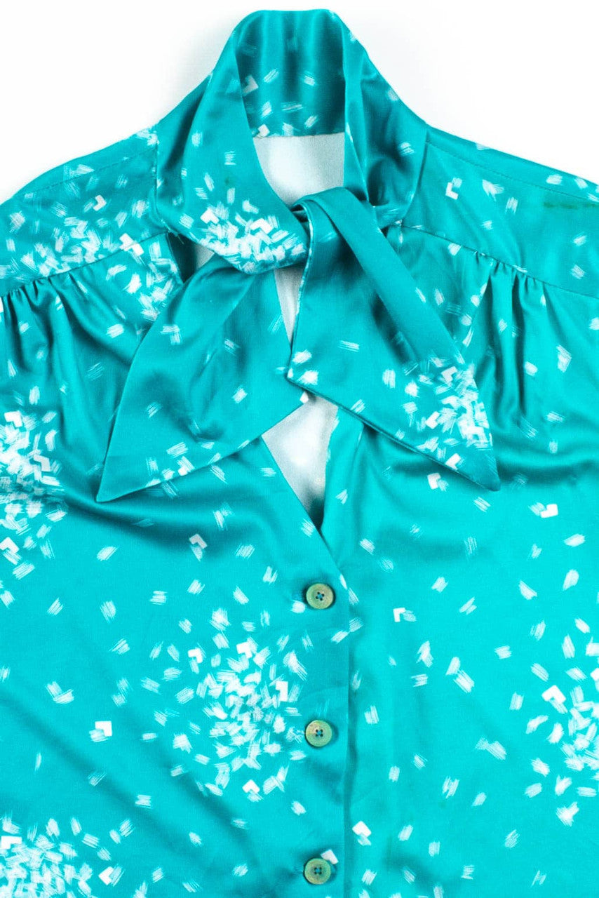 Teal Abstract Sleeveless Tie Neck Blouse