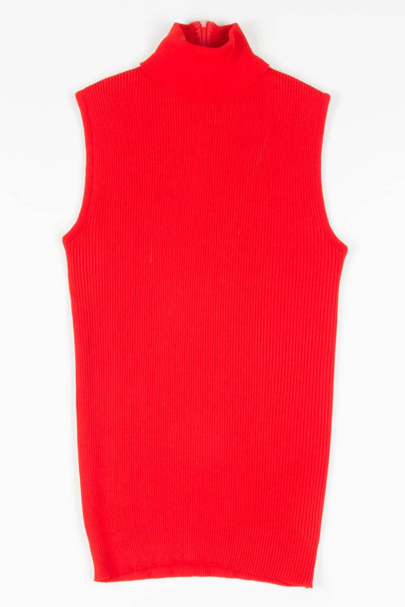 Red Ribbed Sleeveless Turtleneck Tunic