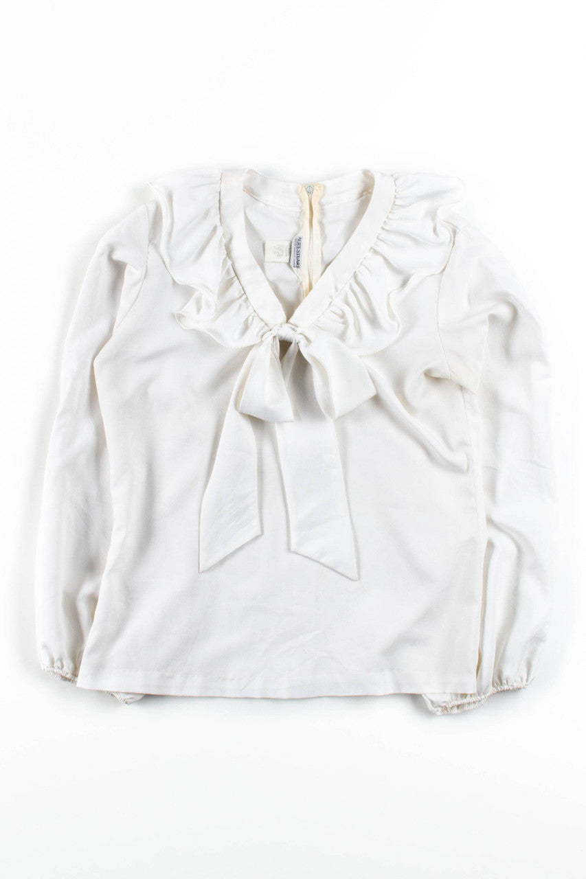 White Ruffle Bow V-Neck Blouse