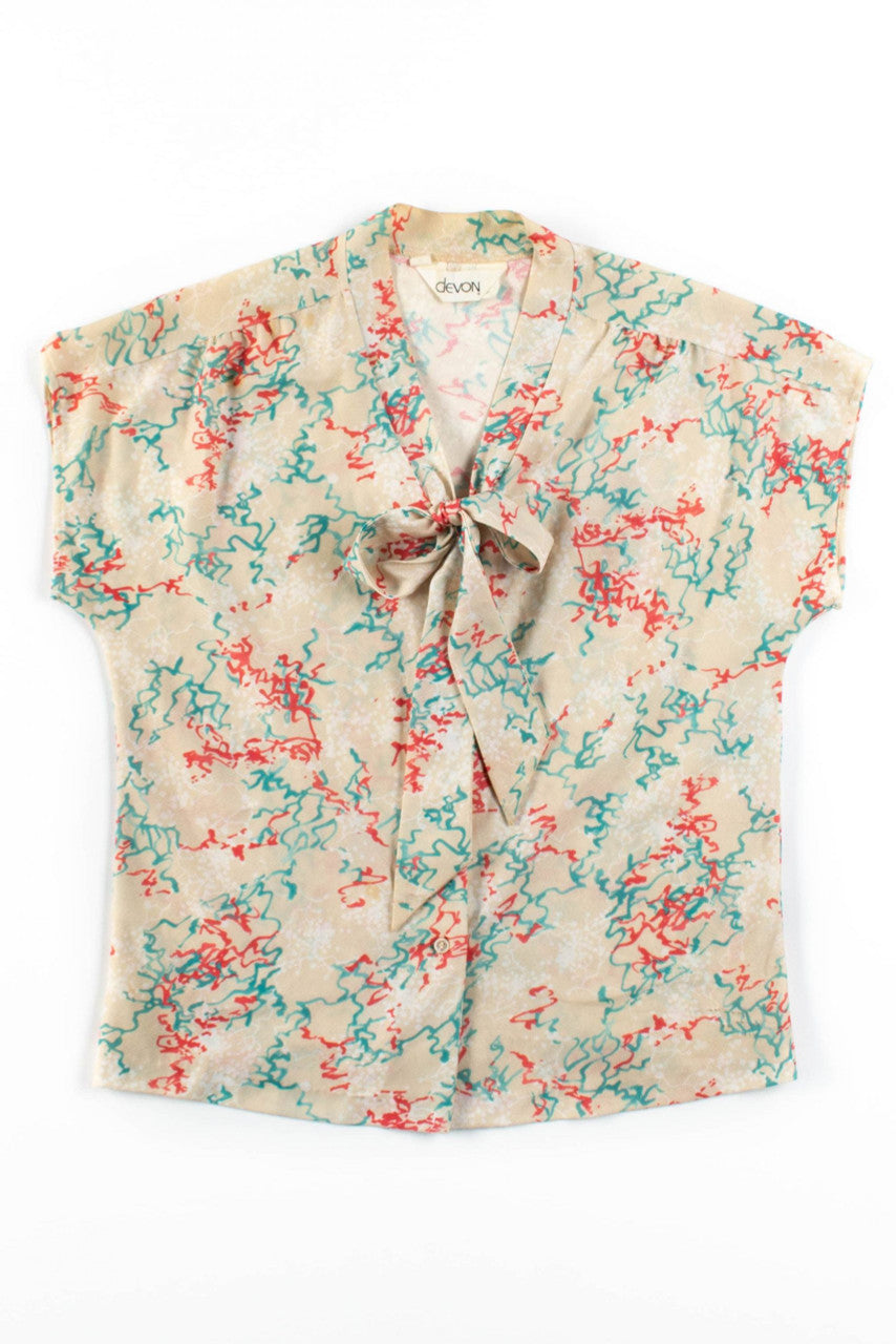Cream Abstract Short Sleeve Tie Neck Blouse