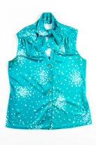 Teal Abstract Sleeveless Tie Neck Blouse