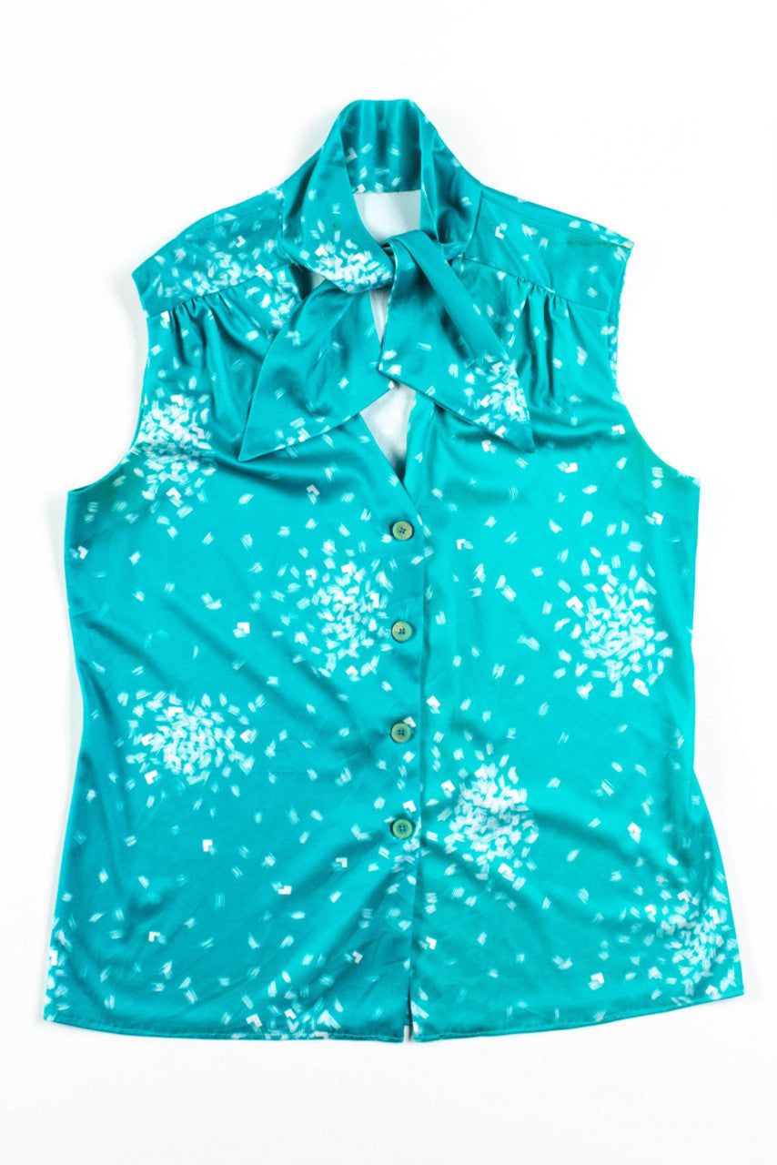 Teal Abstract Sleeveless Tie Neck Blouse