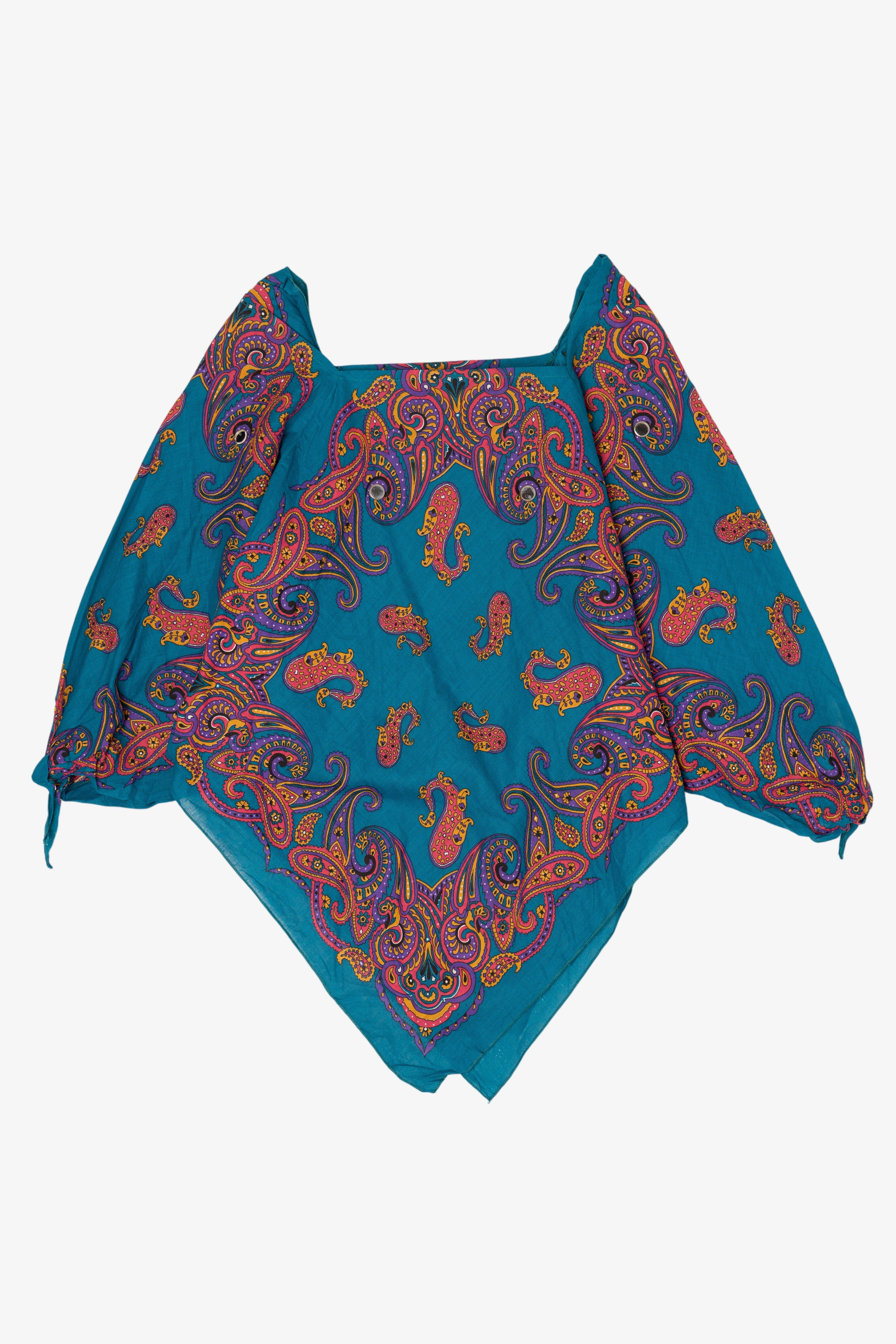Vintage Teal Paisley Pattern Bandana Top Poncho (1980s)