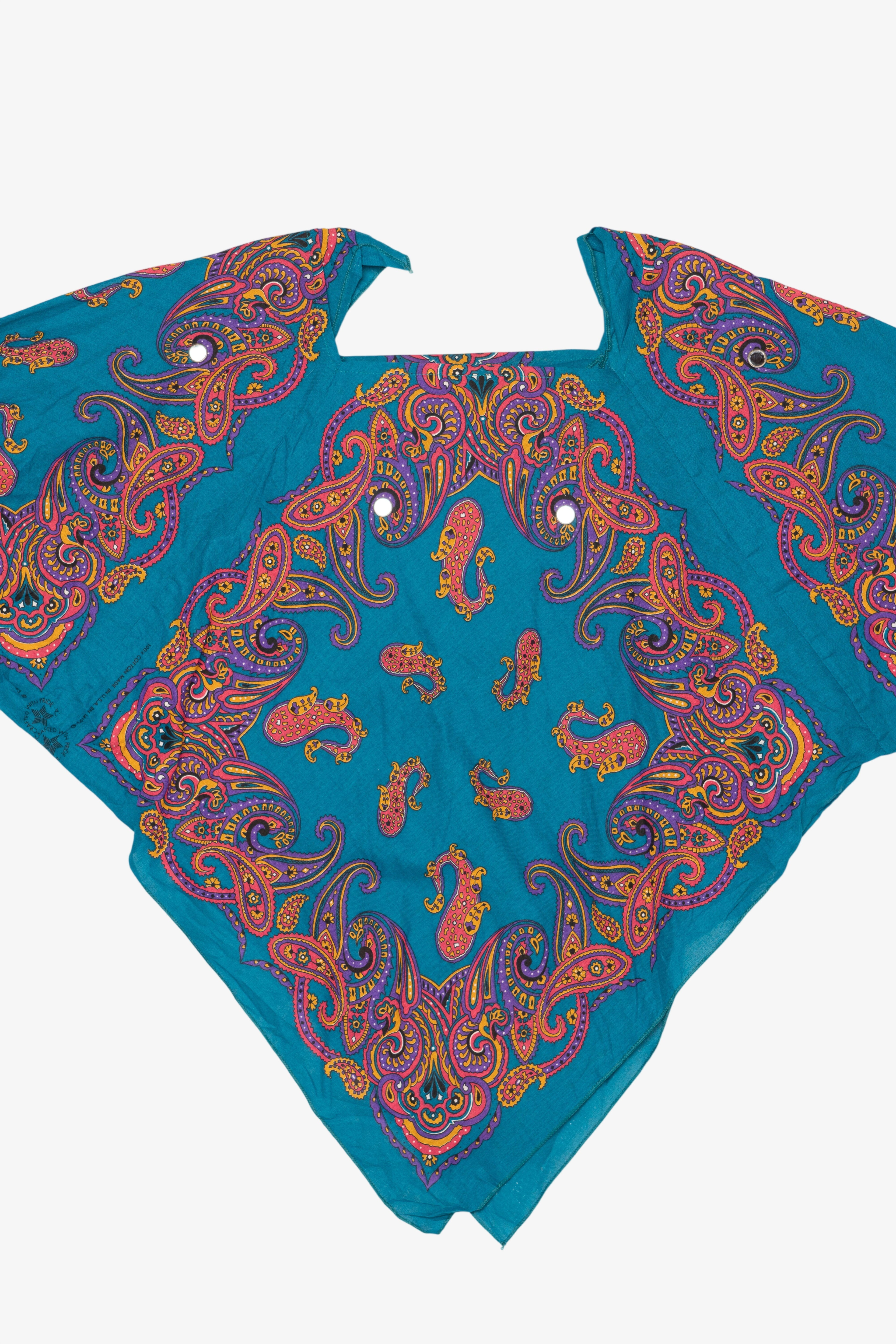 Vintage Teal Paisley Pattern Bandana Top Poncho (1980s)
