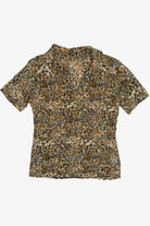 Vintage Stretchy Leopard Print V-Neck Collared Top (1990s)