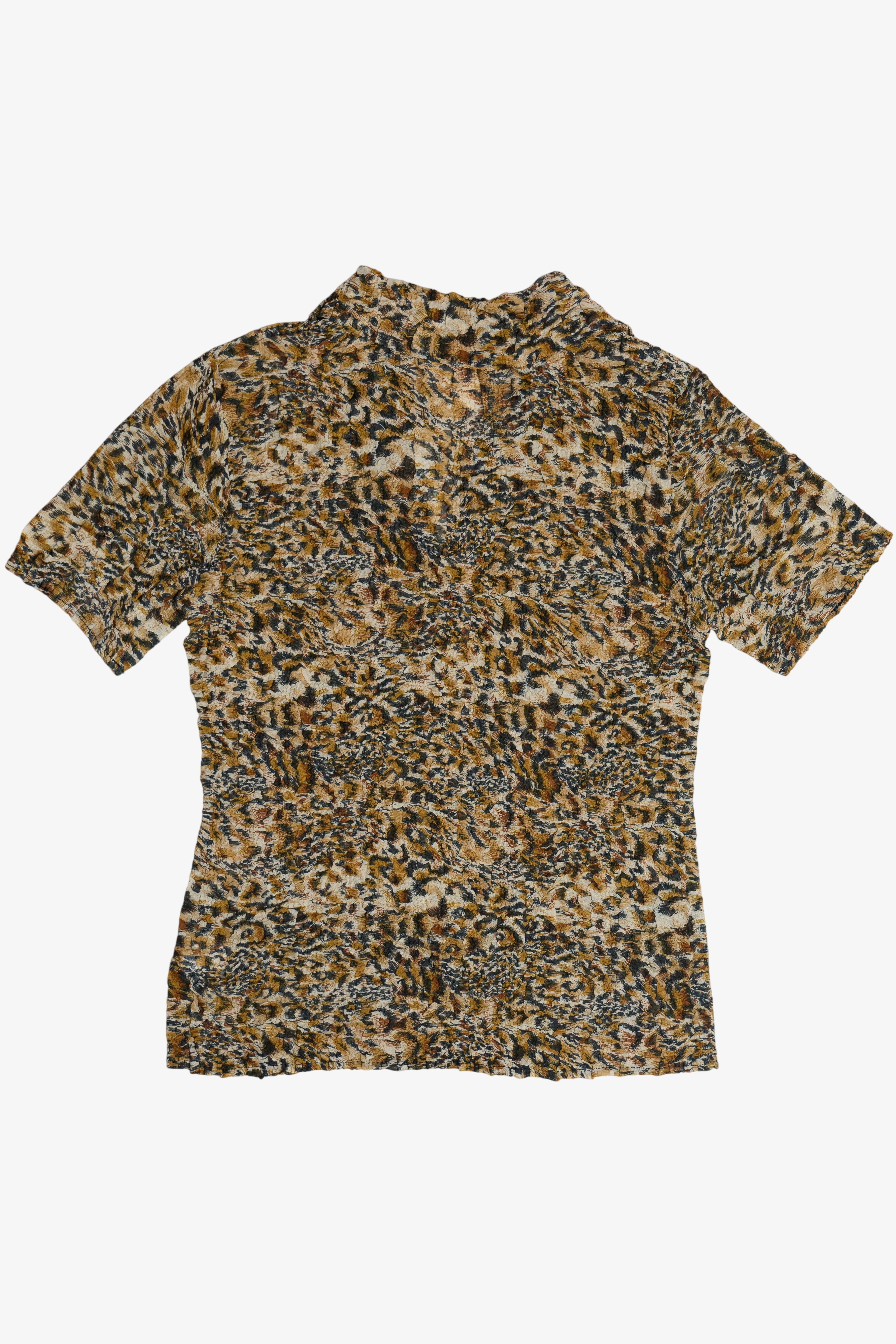 Vintage Stretchy Leopard Print V-Neck Collared Top (1990s)