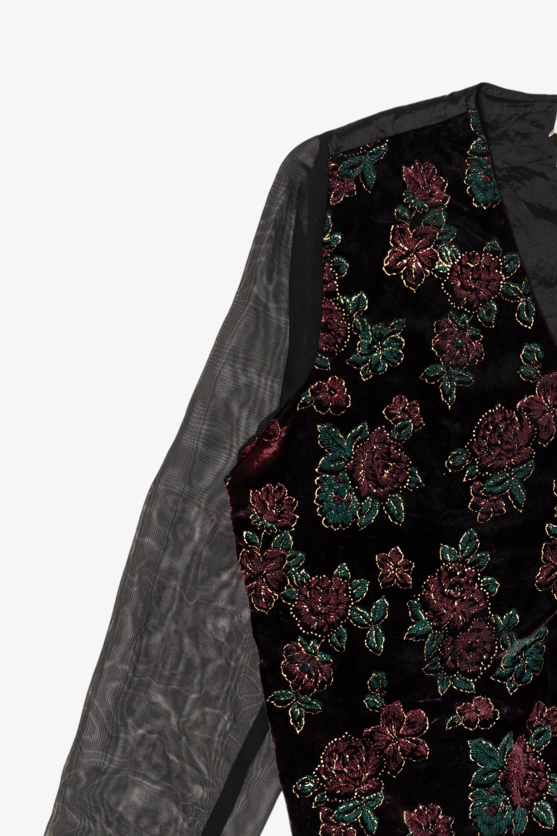 Vintage Bentley Velvet Vest And Sheer Sleeves Button Up Blouse (1980s)