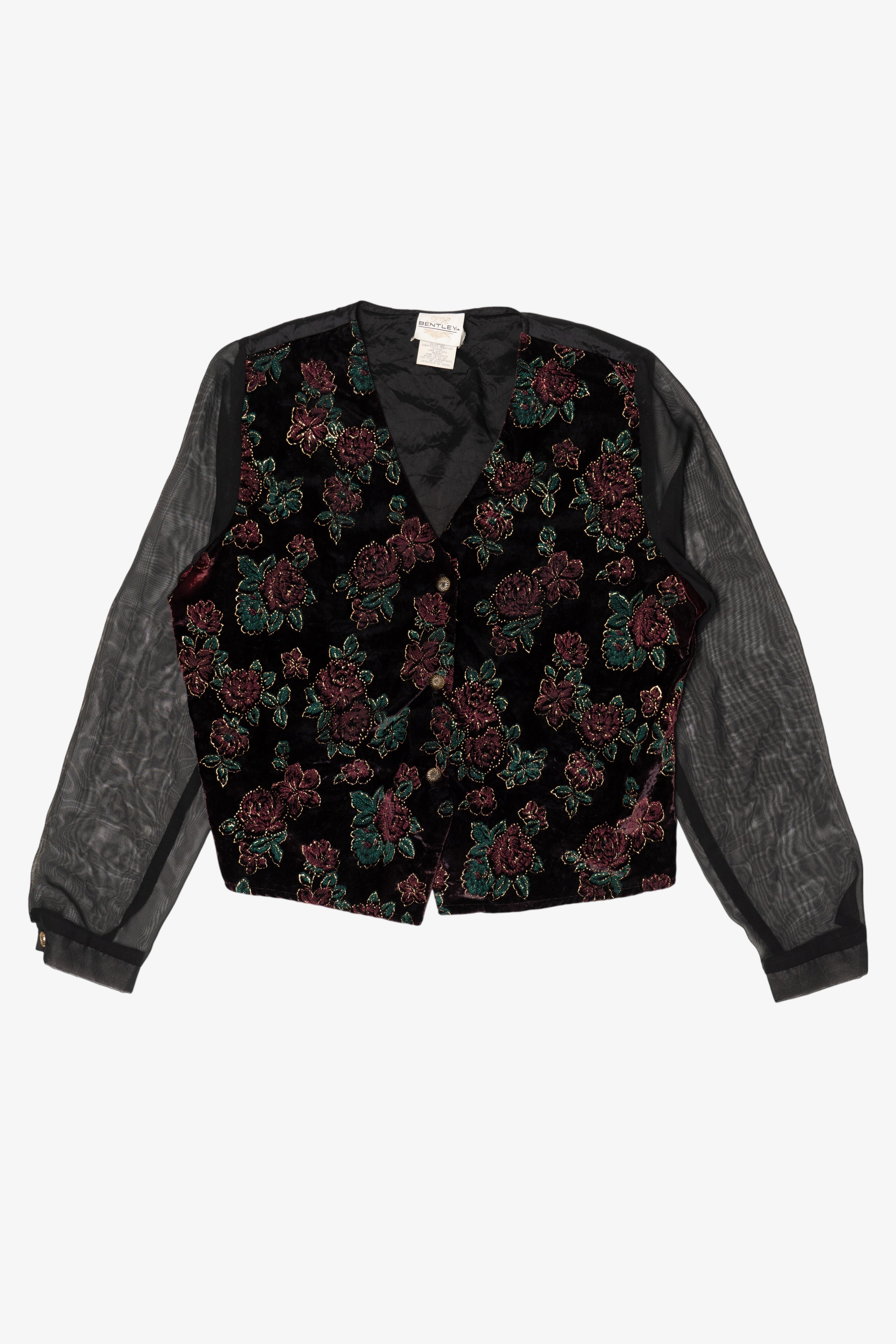 Vintage Bentley Velvet Vest And Sheer Sleeves Button Up Blouse (1980s)
