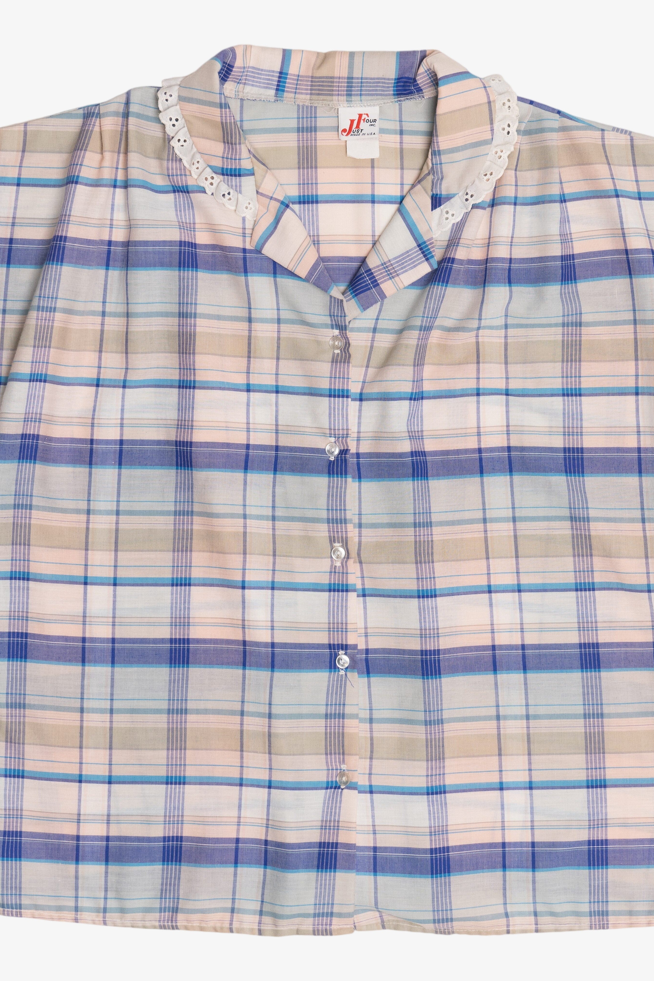 Vintage Plaid Lace Trim Collar Button Up (1980s)