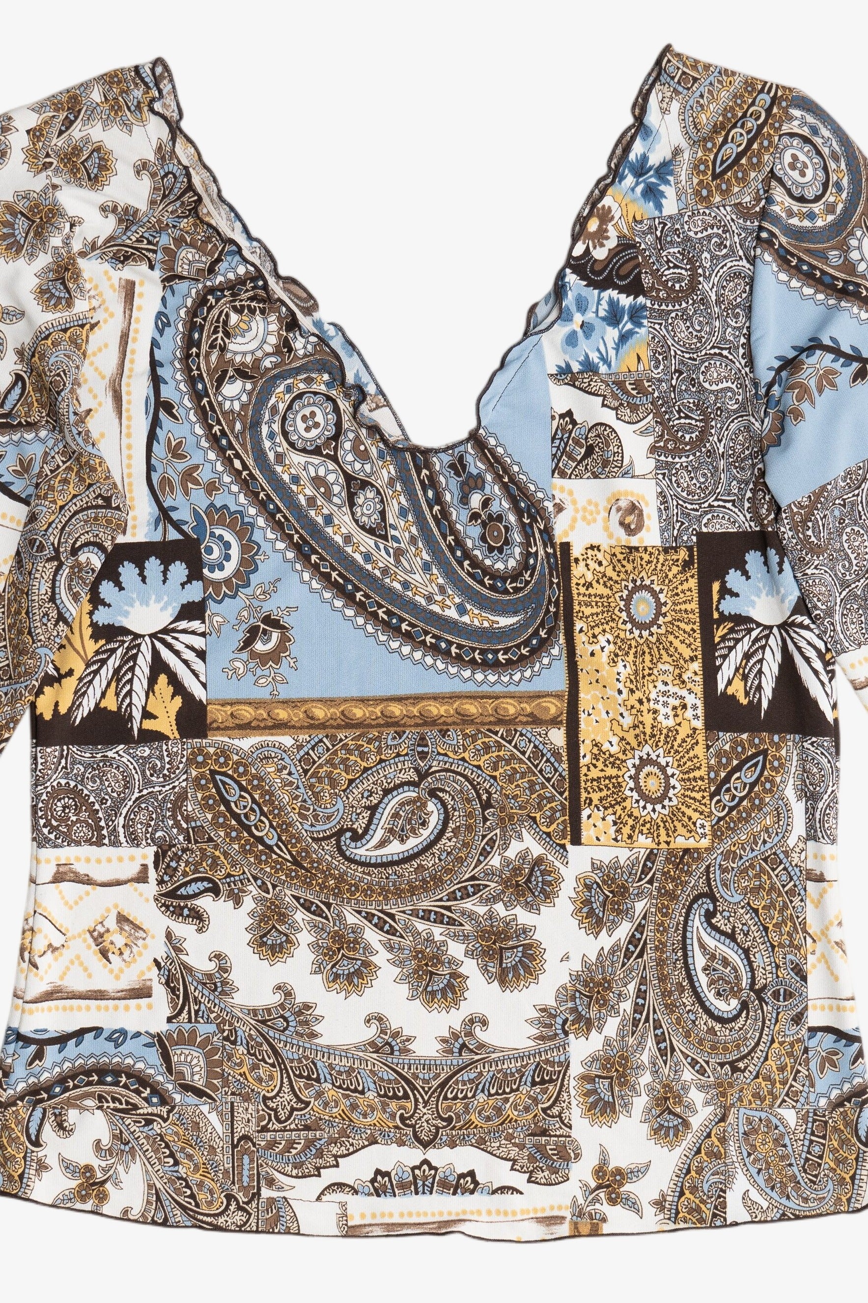 Vintage Paisley Patchwork Print Stretchy Quarter Sleeve Top (1990s)