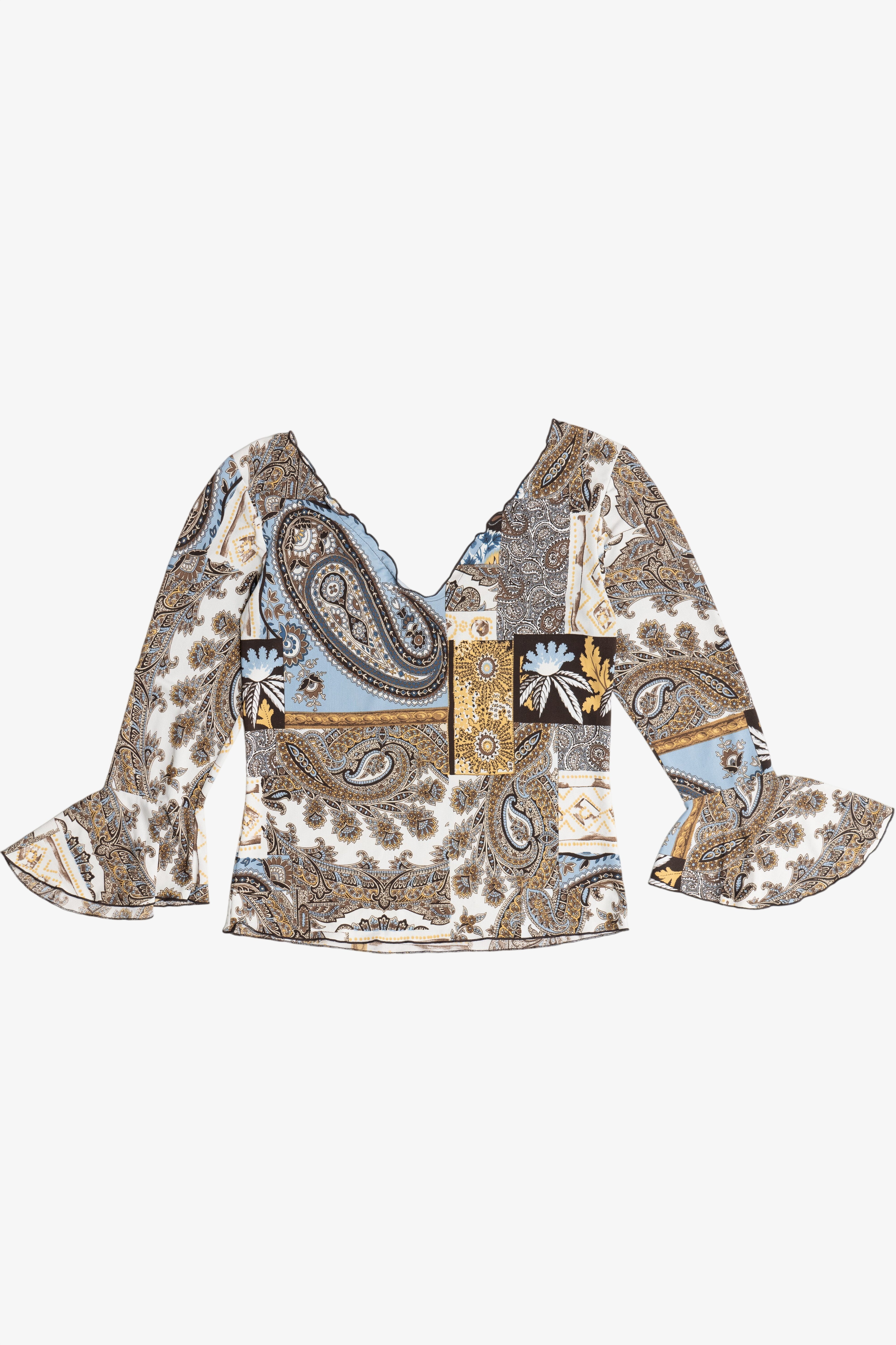 Vintage Paisley Patchwork Print Stretchy Quarter Sleeve Top (1990s)