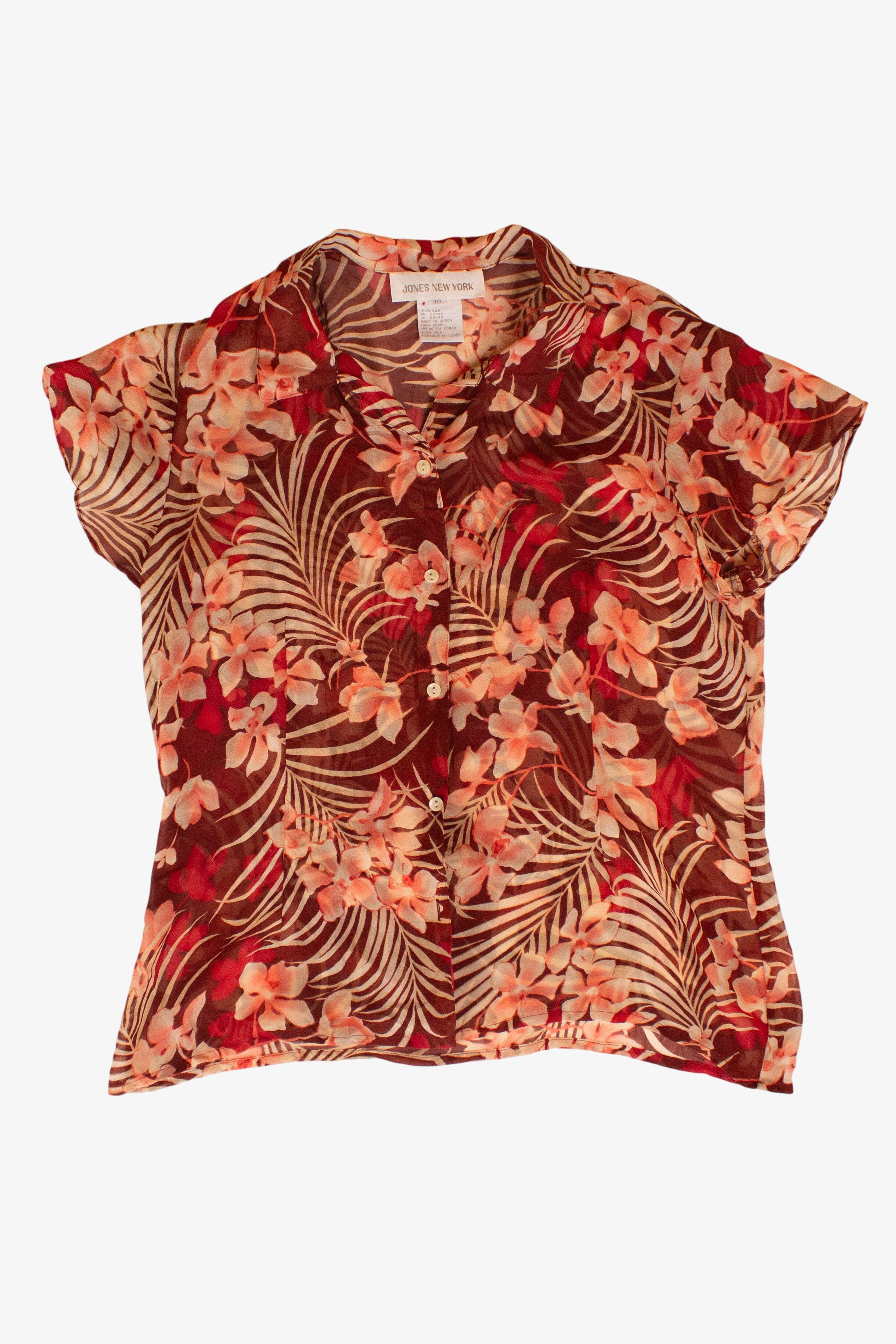 Vintage Sheer Silk Floral Button Up Blouse (1990s)