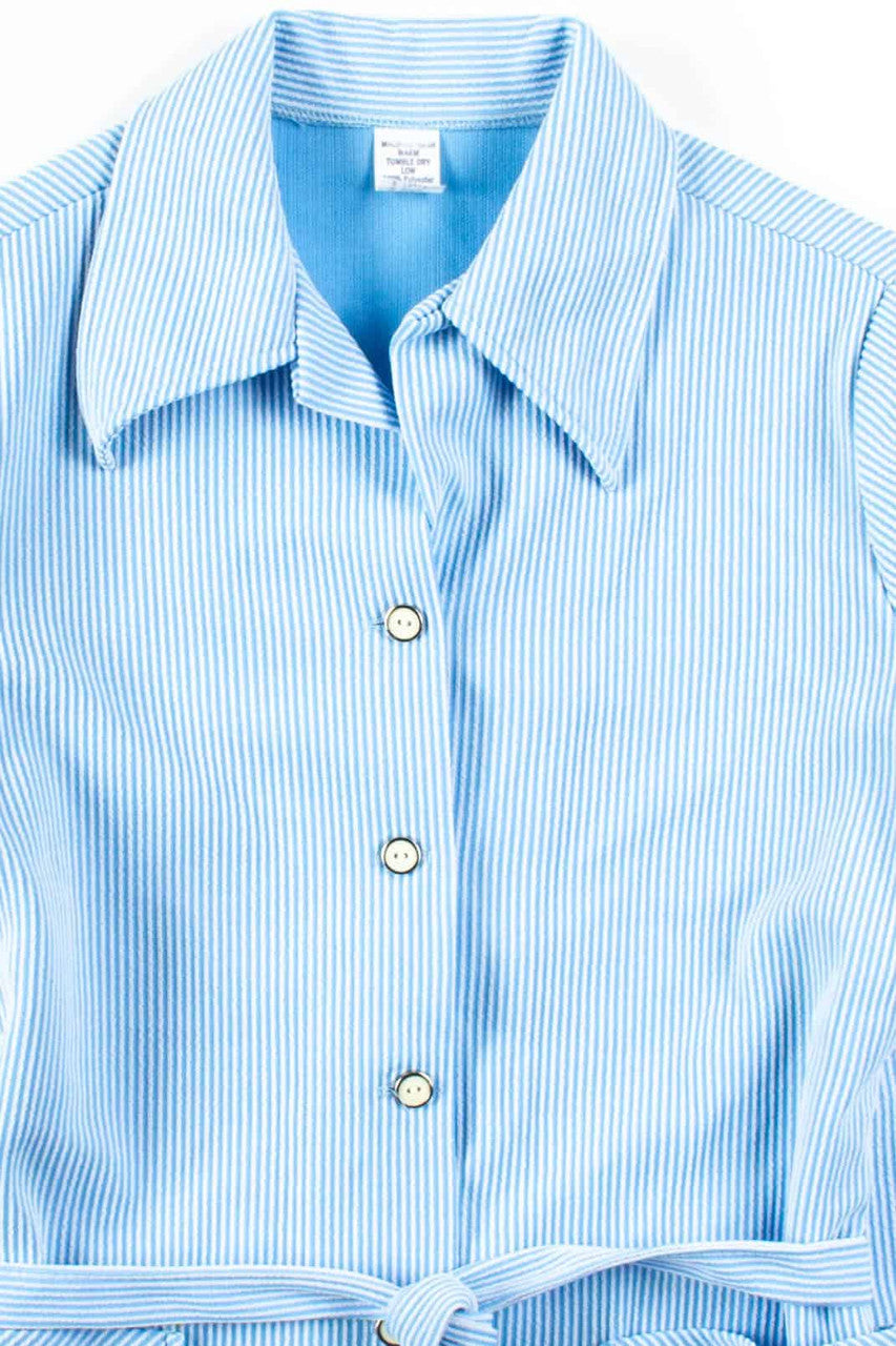 Blue Ribbed Button Up Shirt With Sash