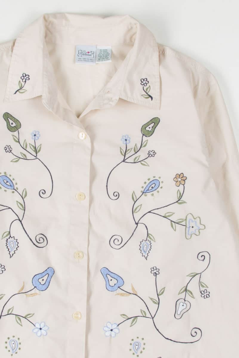 Tan Embroidered Floral Button Up Shirt