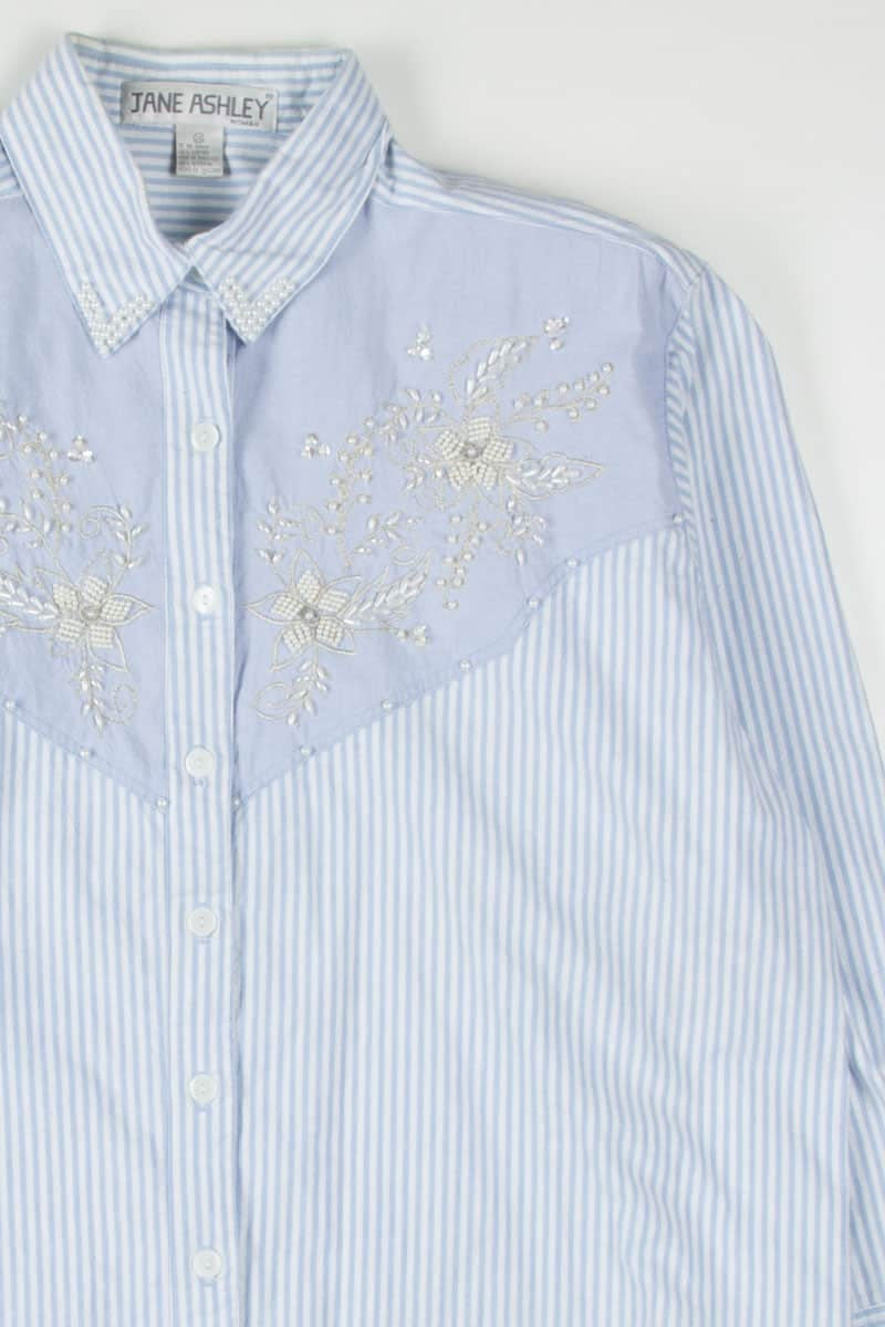 Vintage Pearl Detail Striped Button Up Shirt