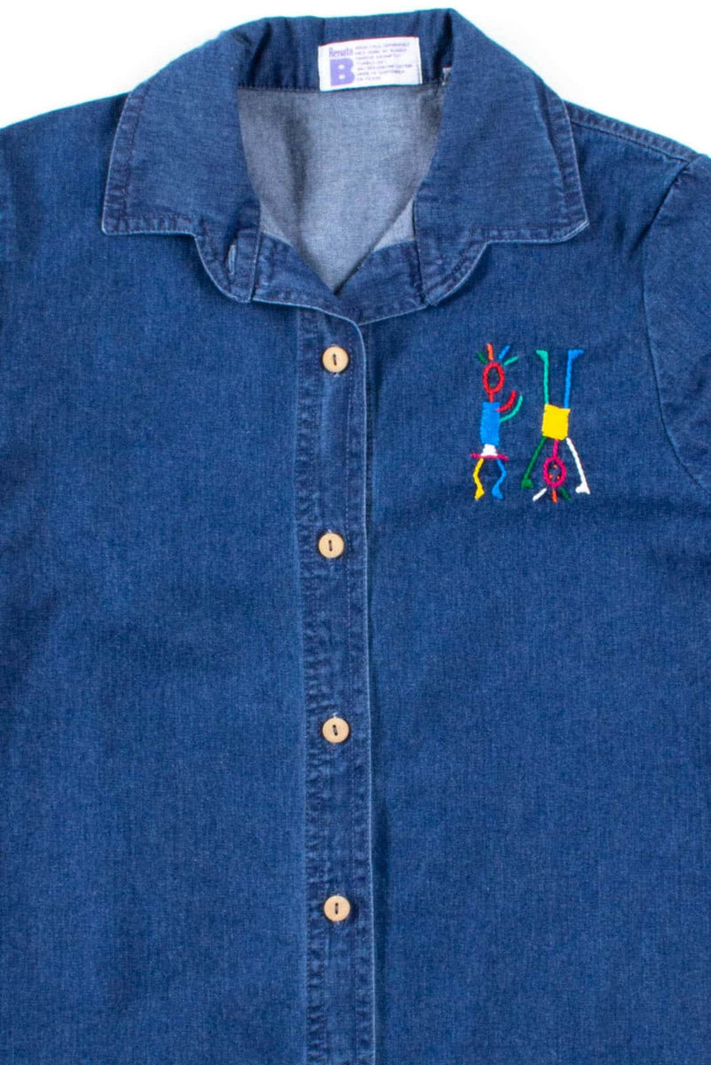 Denim Embroidered Figures Button Up Shirt – Ragstock