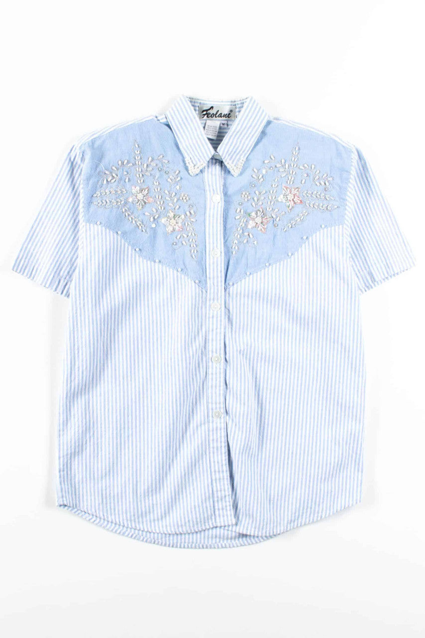 Beaded Floral Stripe Button Up Shirt