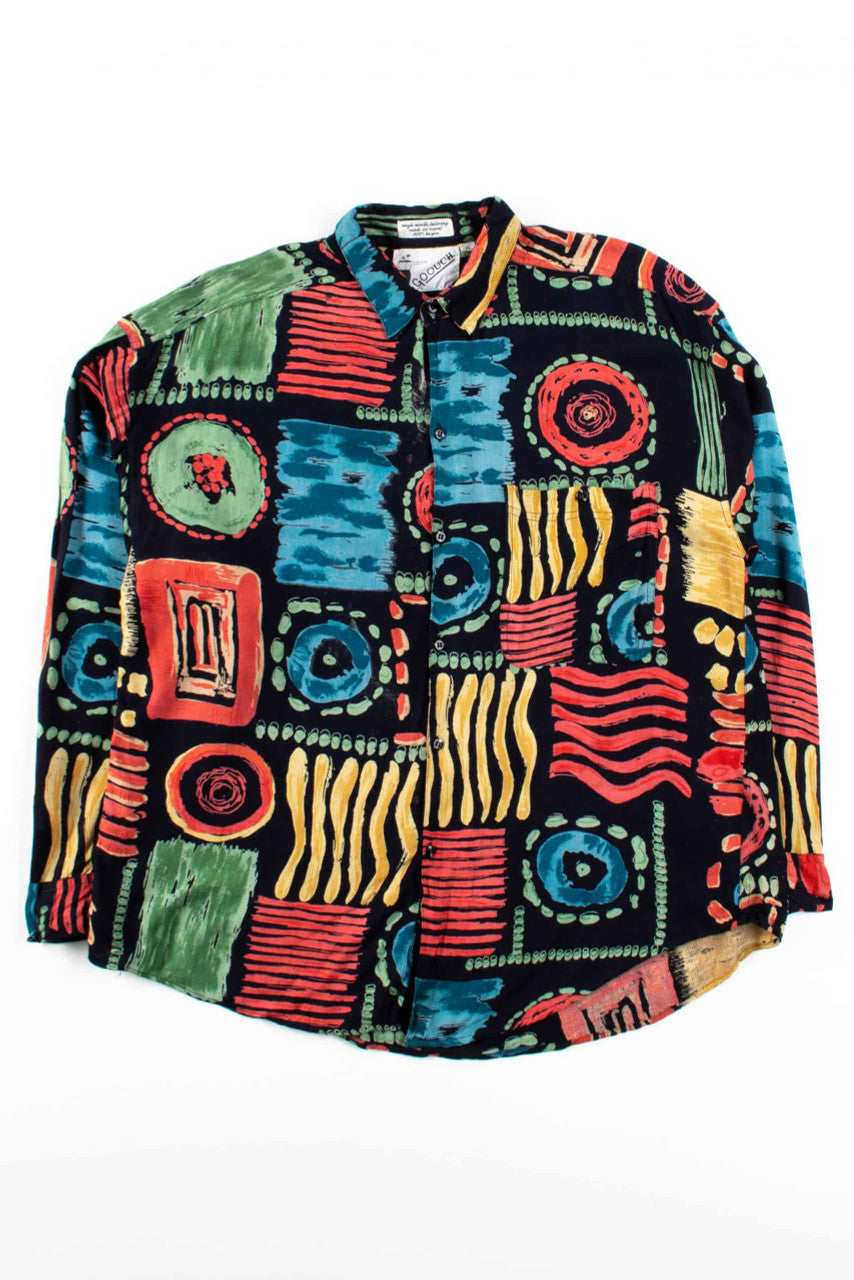 Black Multicolor Abstract Button Up Shirt