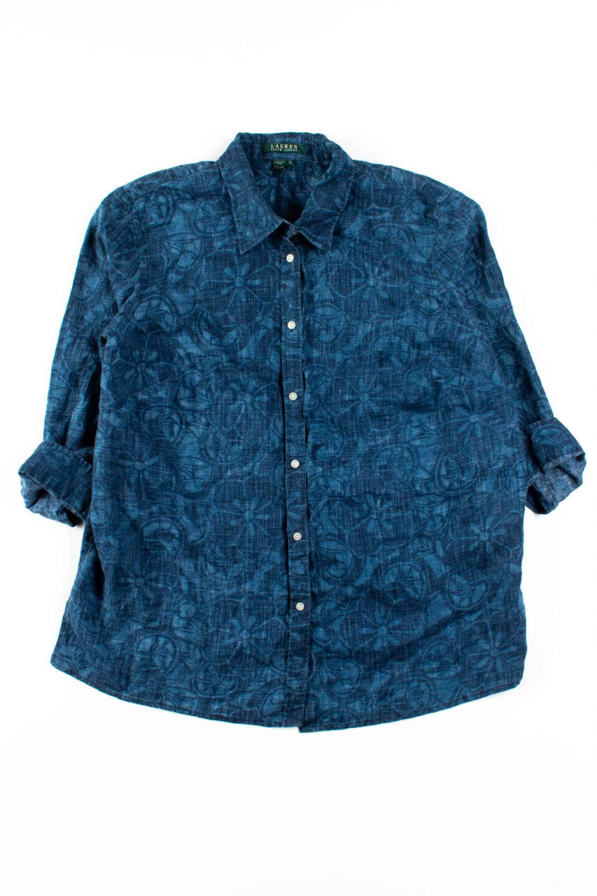 Blue Floral Linen Button Up Shirt