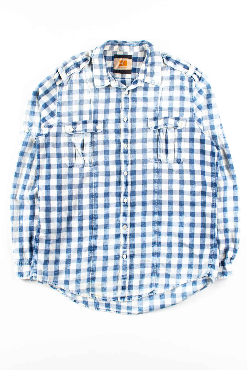 Blue Bleached Plaid Button Up Shirt