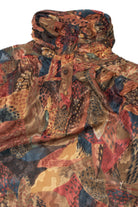 Vintage Copper Feather Print Scrunch Mock Neck Jean de Pierre Button Up Shirt
